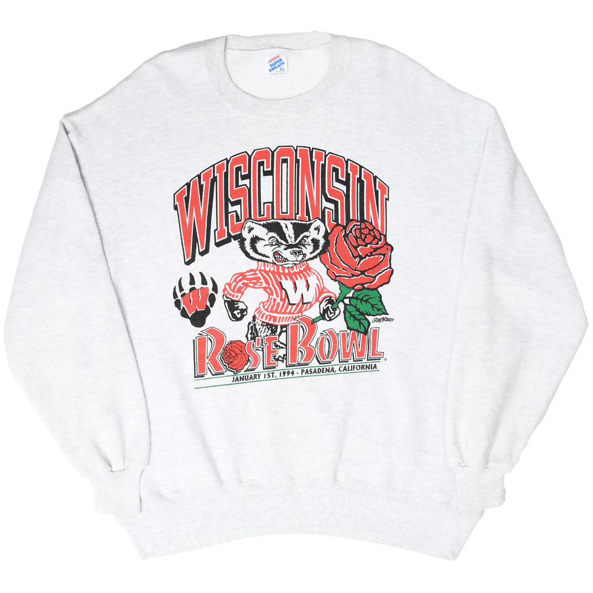 Full front view of gray Wisconsin Badgers Rose Bowl sweatshirt with red, black and green print