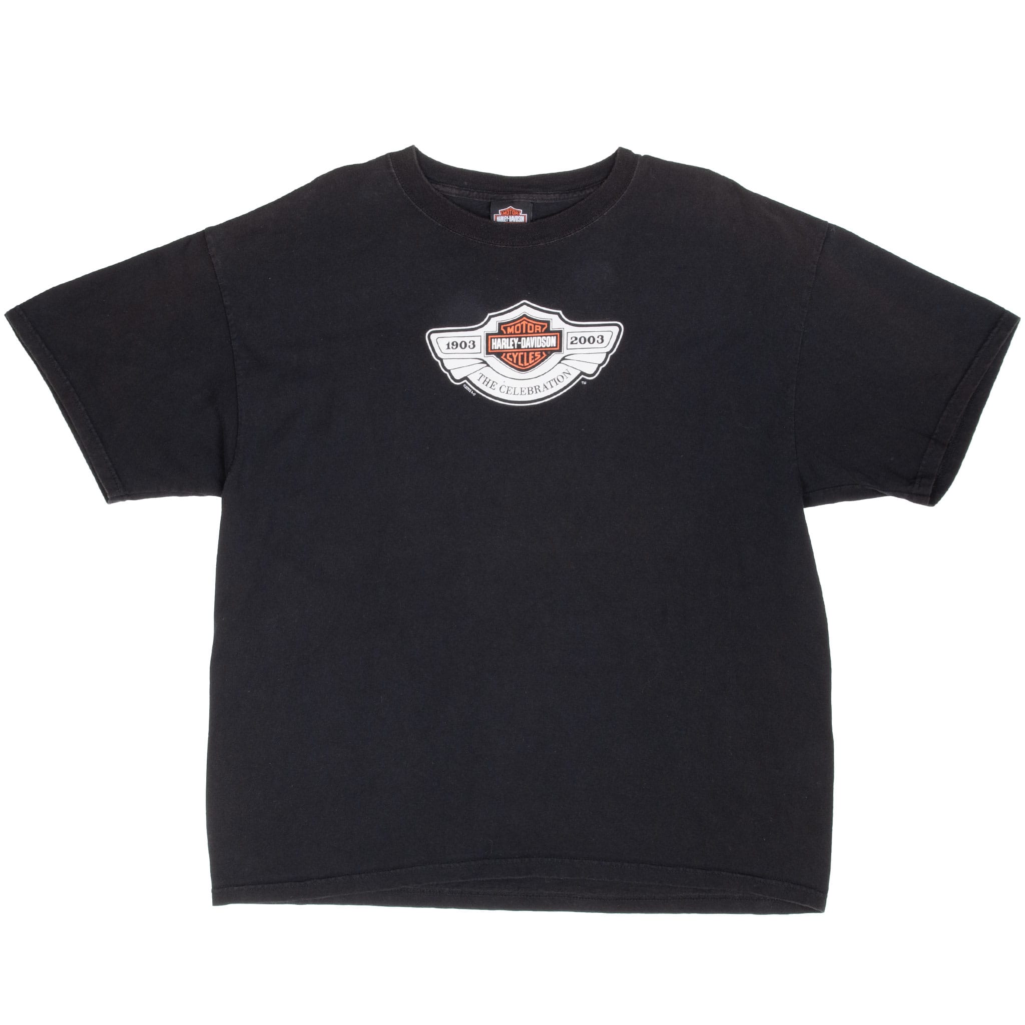 Front of black Harley-Davidson T-shirt with small winged anniversary chest print