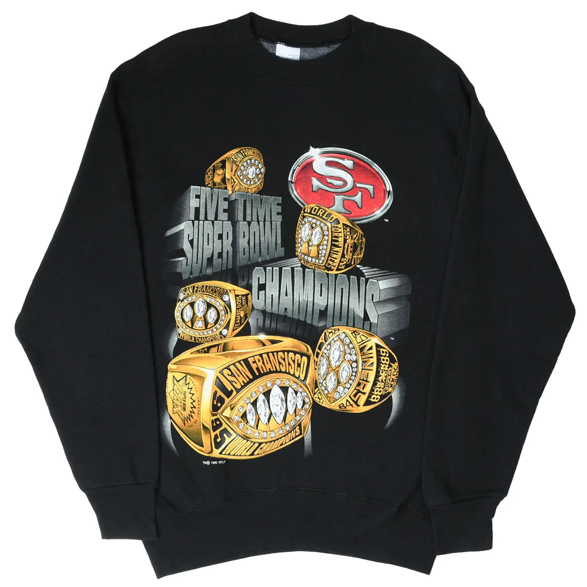Full front view of black 49ers sweatshirt with five-time Super Bowl champions print
