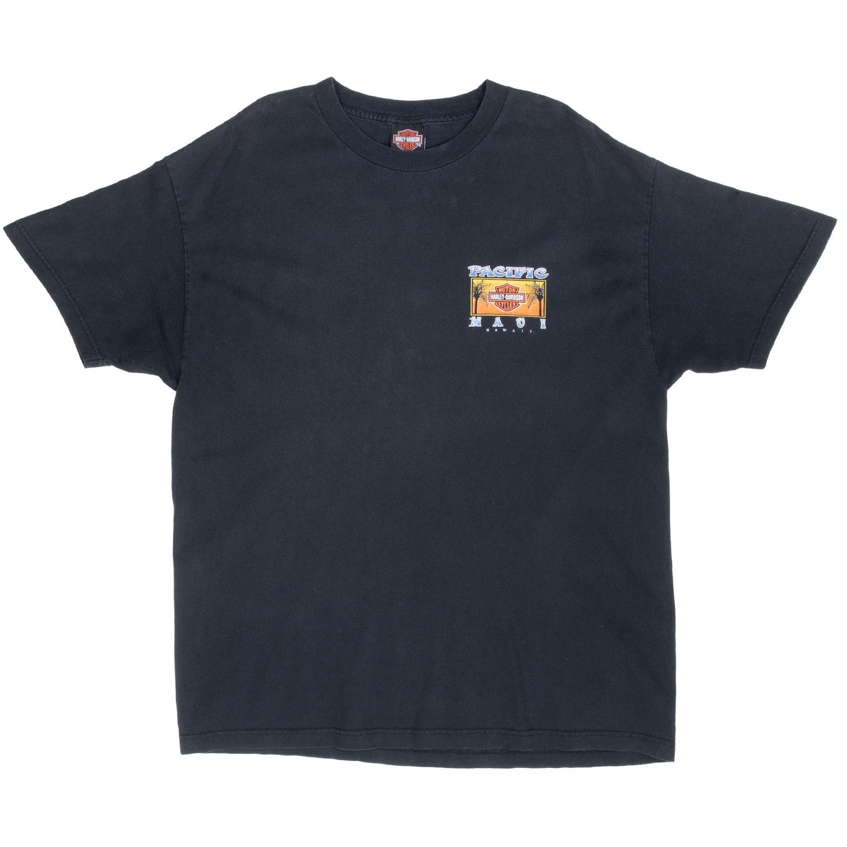 Front of black Harley-Davidson Maui T-shirt with small Pacific Maui chest graphic