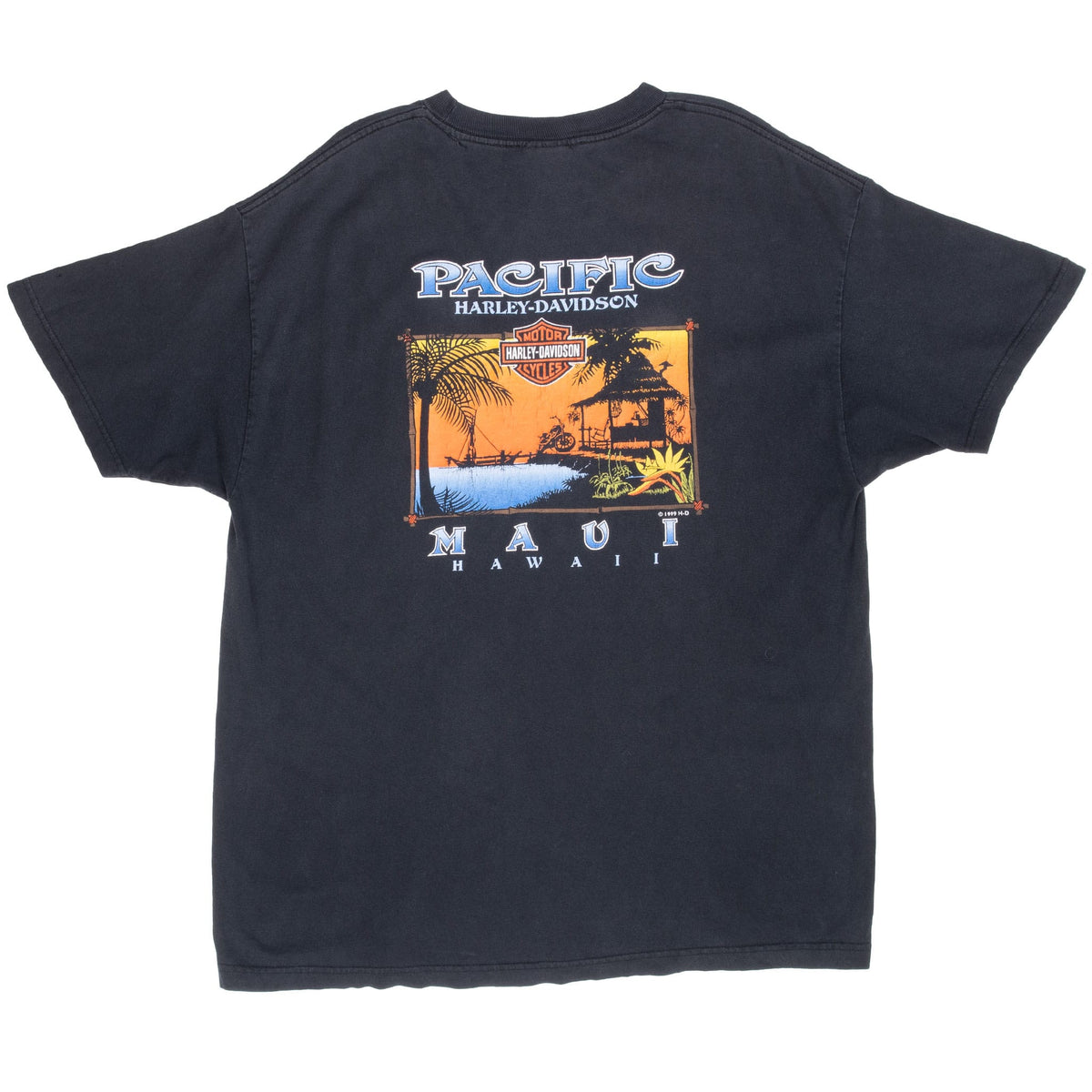 Back of black Harley-Davidson Maui T-shirt with colorful tropical waterfront graphic