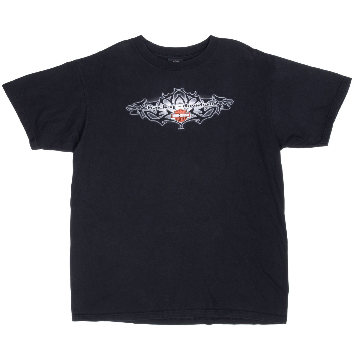 Full front view of black Harley-Davidson short-sleeve T-shirt with chest graphic