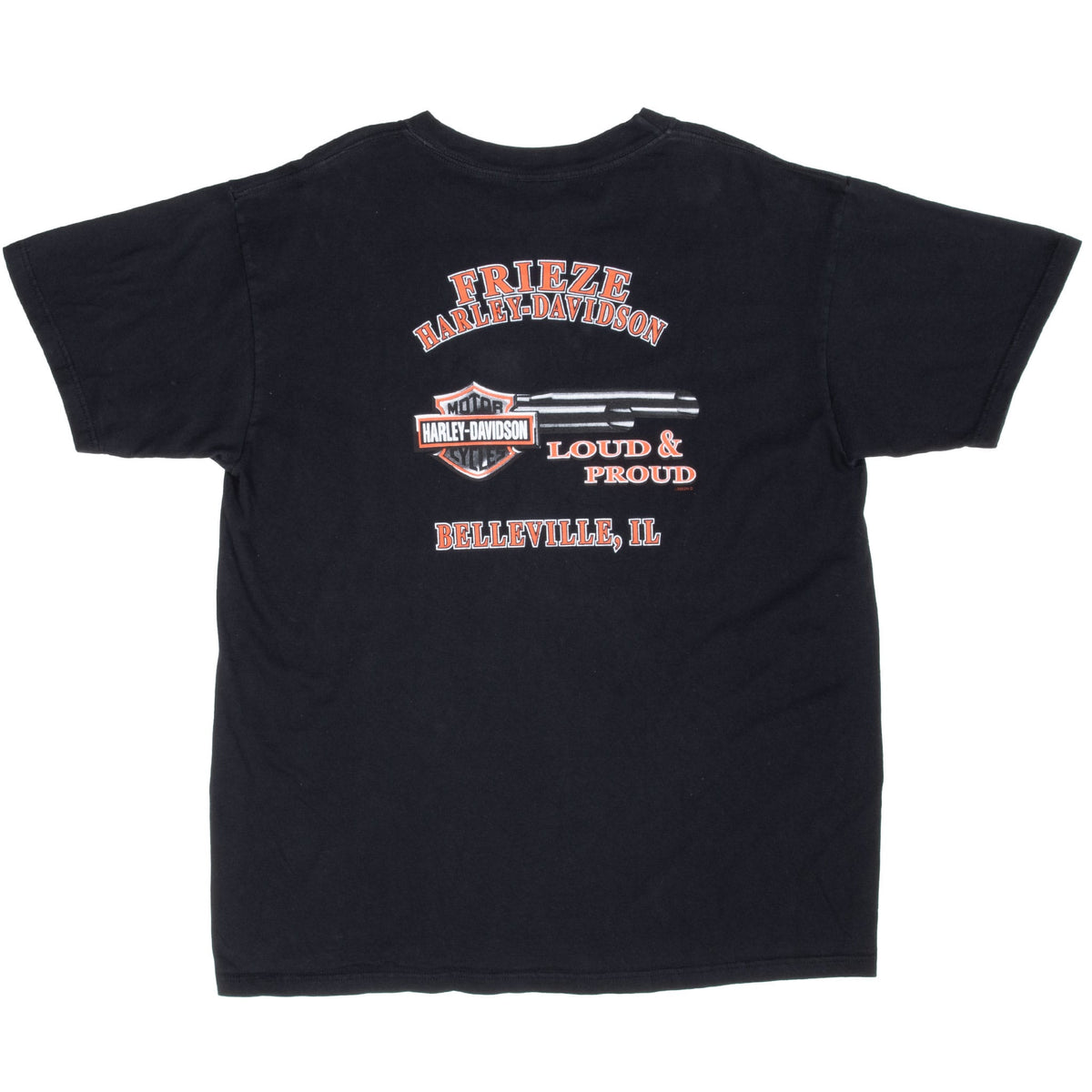 Back of black Frieze Harley-Davidson T-shirt with Loud & Proud exhaust graphic