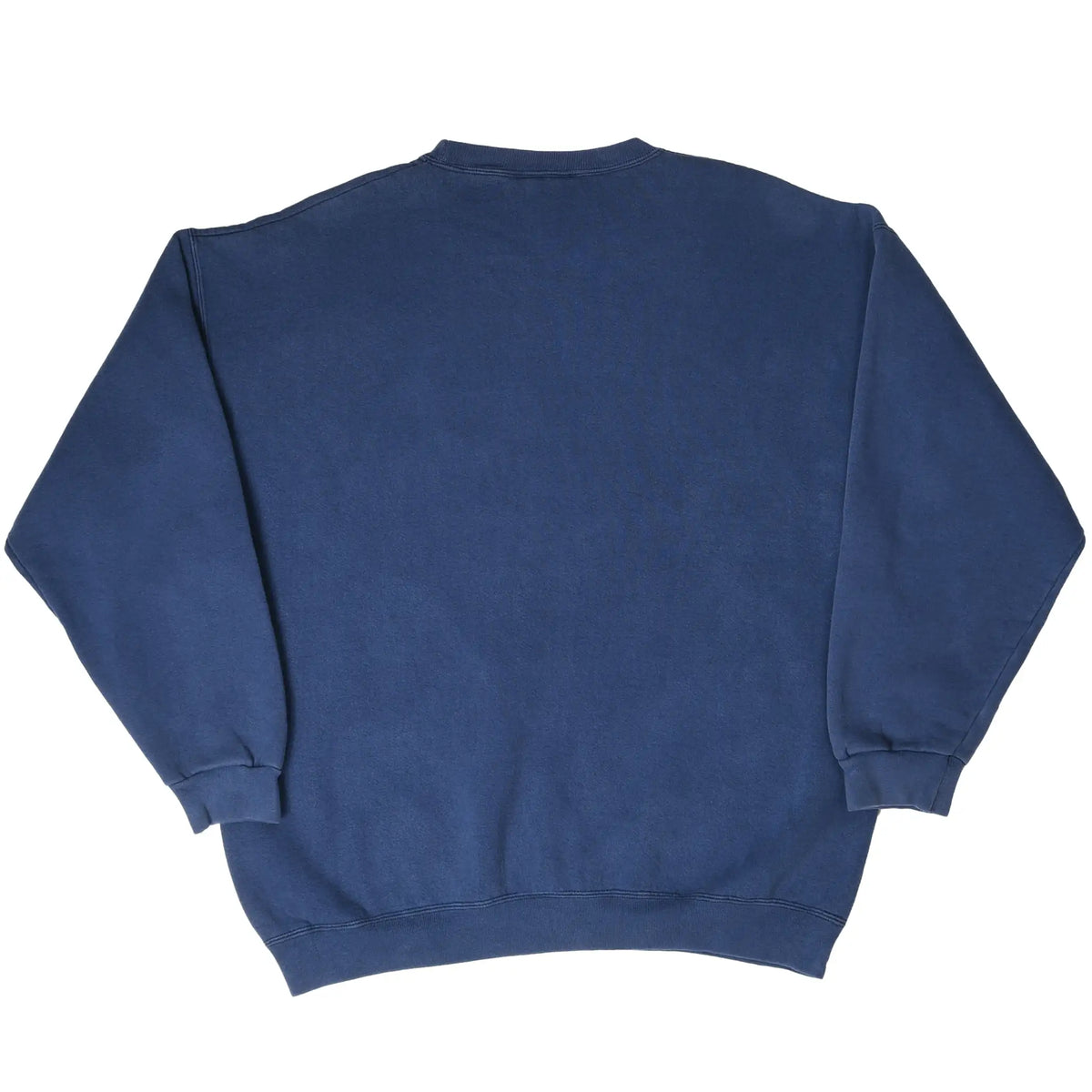 Back view of plain navy blue adidas crewneck sweatshirt with ribbed cuffs and hem