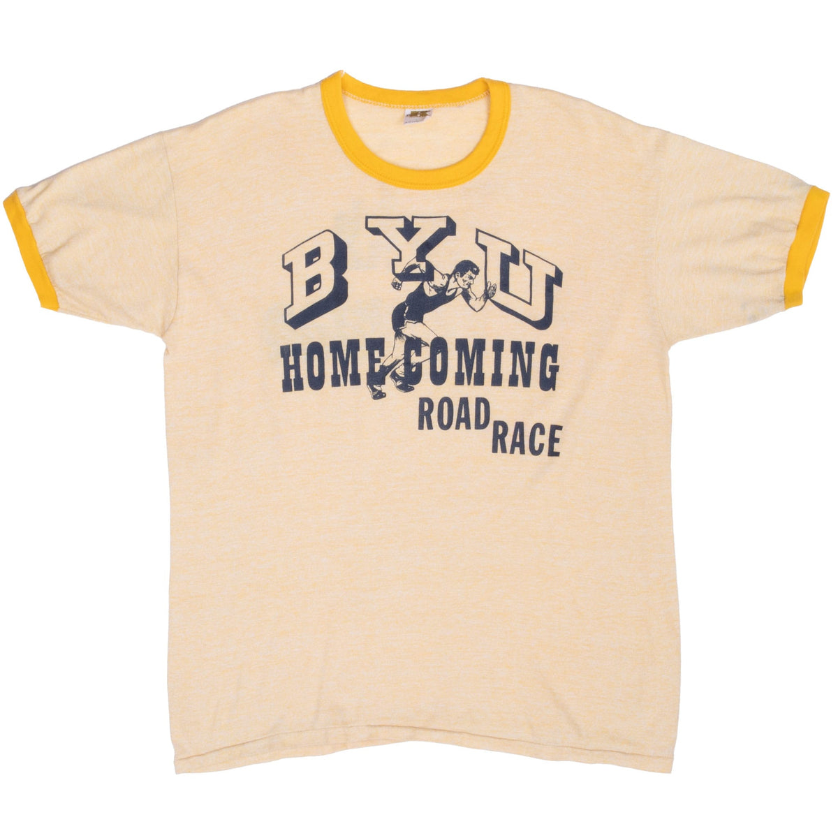 Full front of cream BYU Homecoming Road Race T-shirt with yellow ringer trim