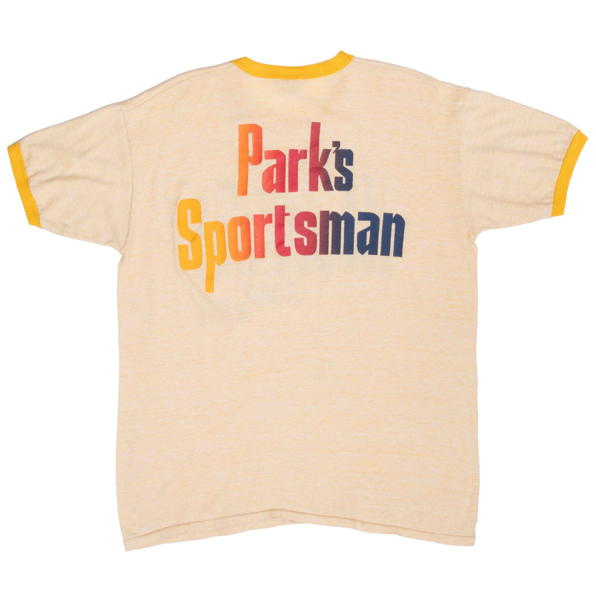 Full back of cream ringer T-shirt with multicolor Park's Sportsman print