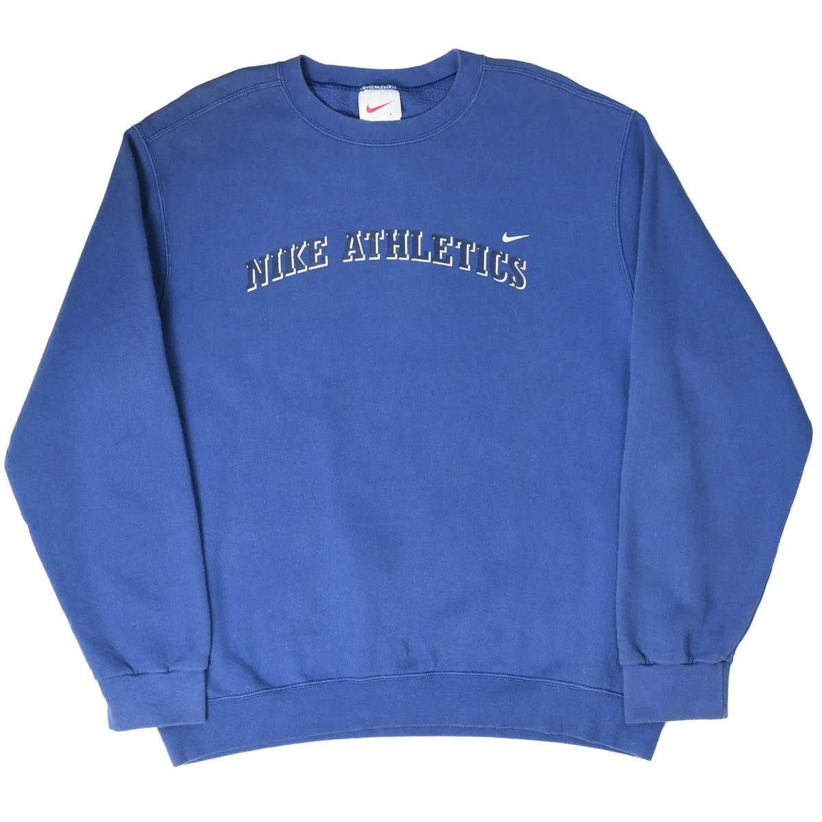 Full front view of blue Nike crewneck sweatshirt with Nike Athletics chest graphic