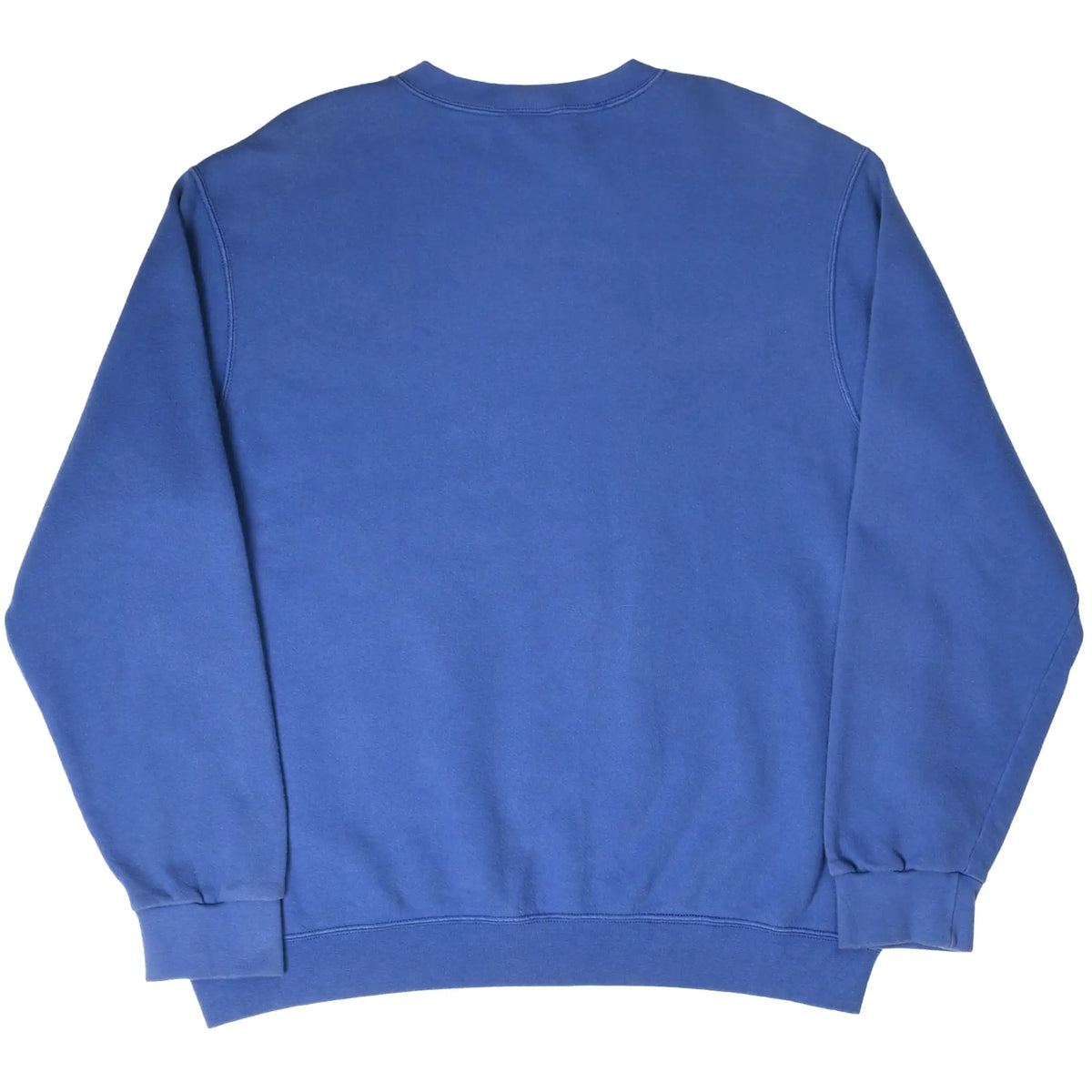 Back of plain blue Nike crewneck sweatshirt with ribbed cuffs and hem