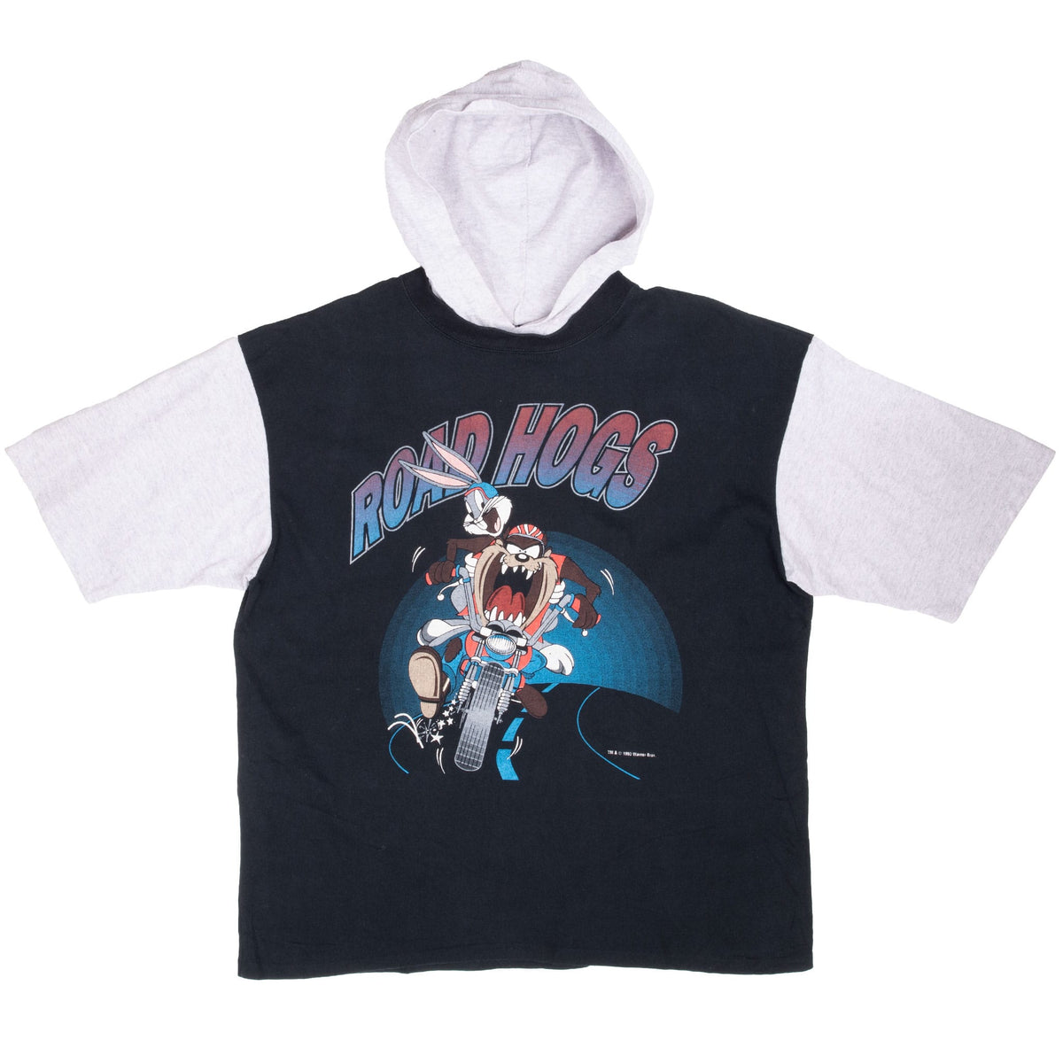 Full front of black and gray Looney Tunes hooded T-shirt with Bugs Bunny and Taz Road Hogs graphic