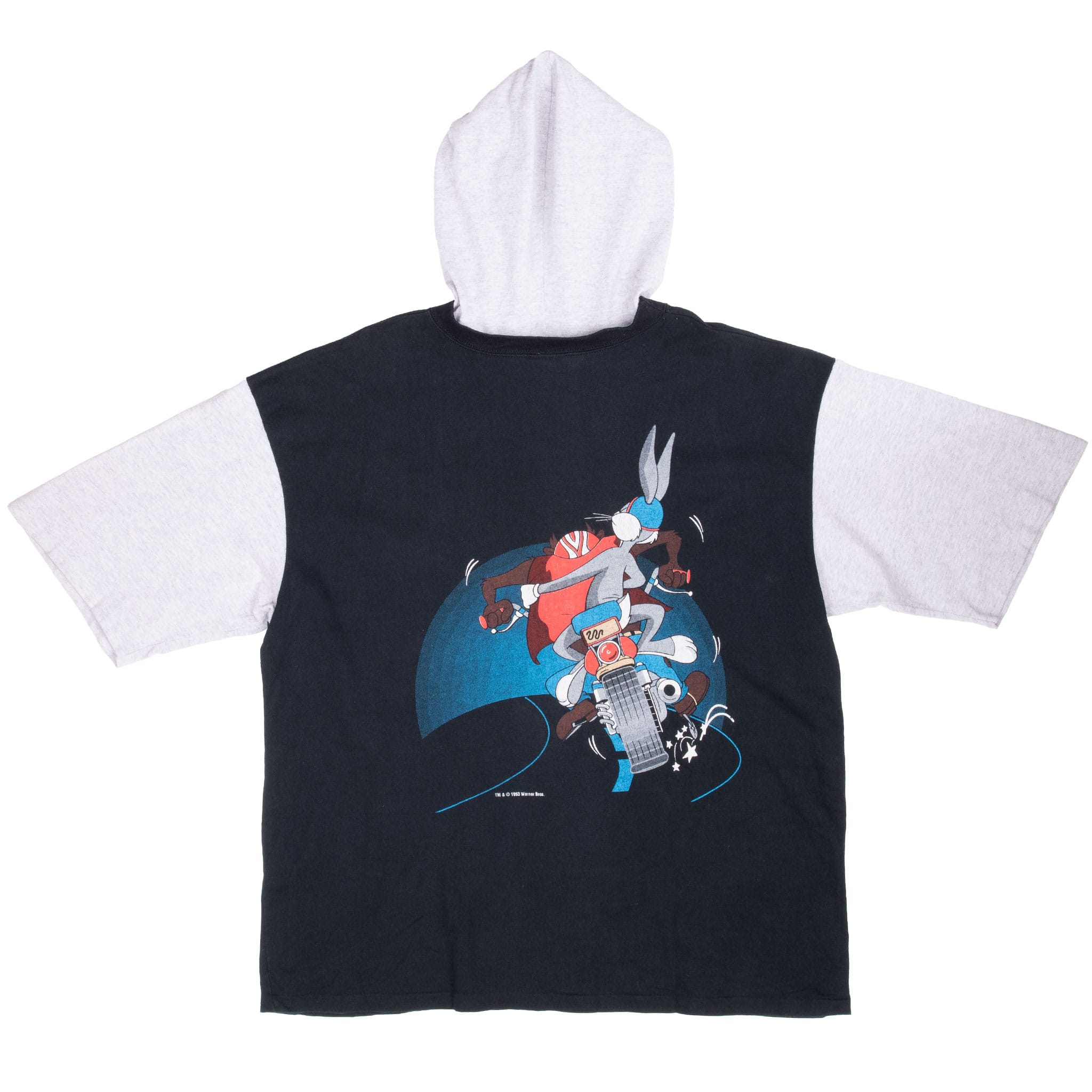Back of black Looney Tunes hooded T-shirt with gray hood and sleeves and Bugs Bunny motorcycle graphic