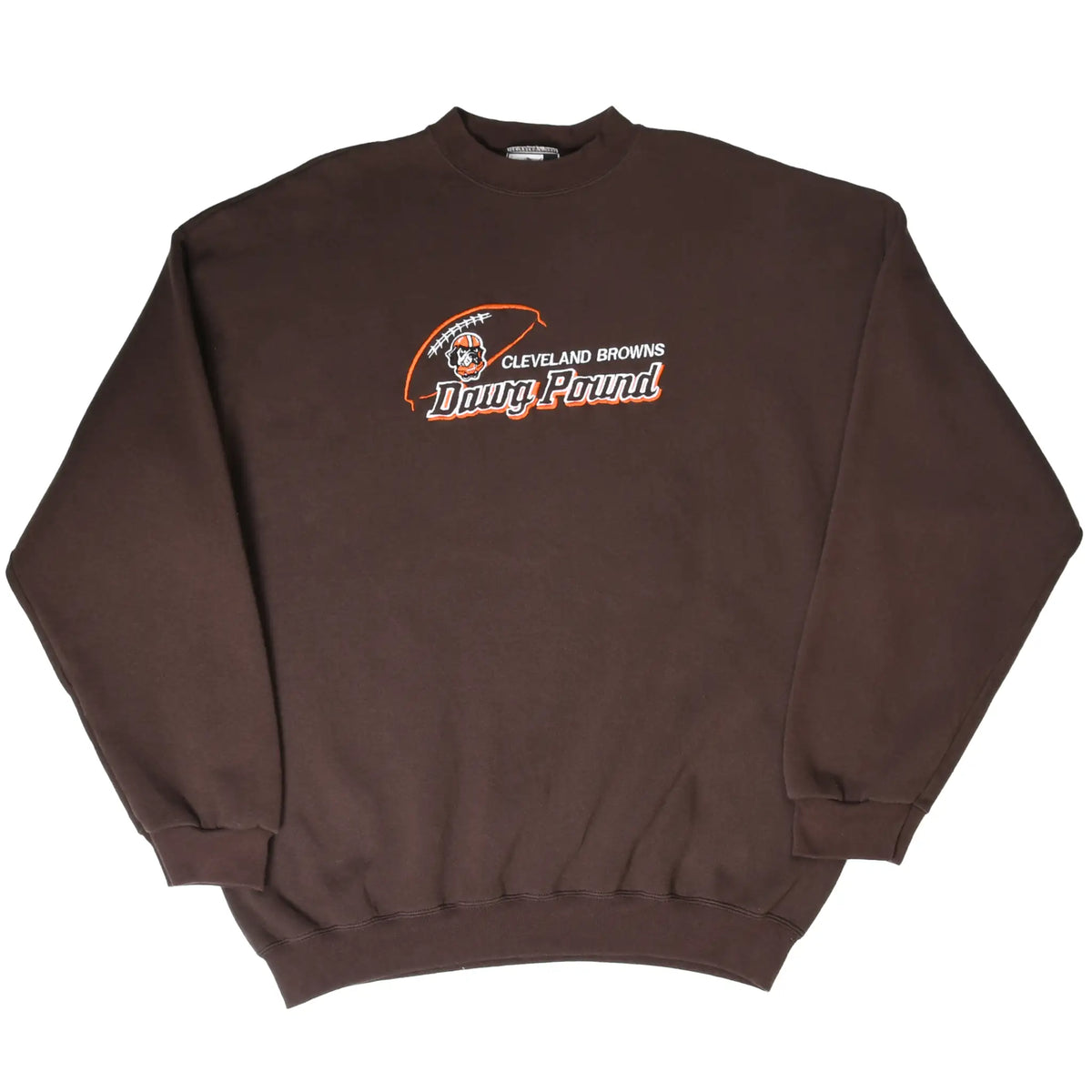 Full front view of brown Cleveland Browns Dawg Pound crewneck sweatshirt