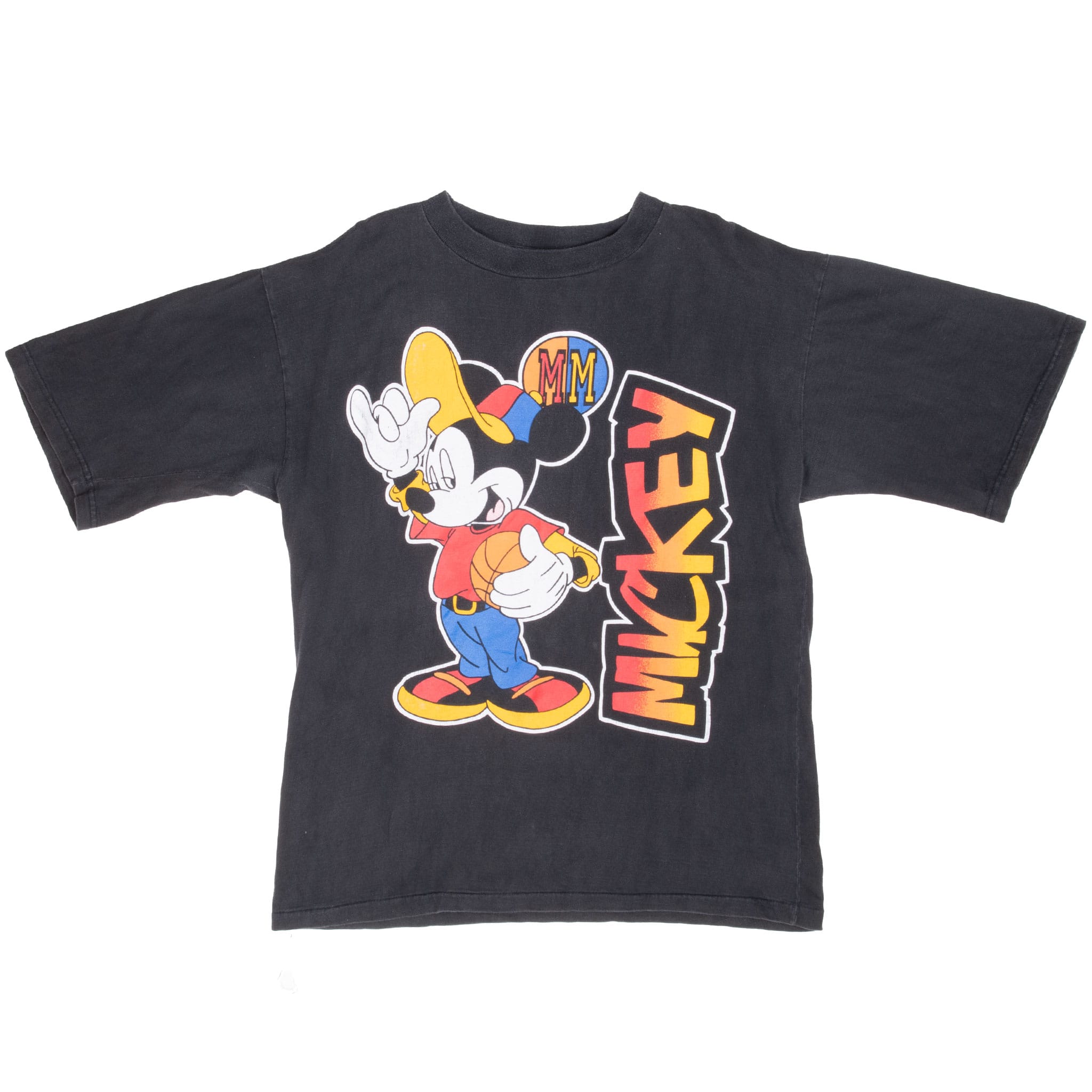 Full front view of black Mickey Mouse basketball short-sleeve T-shirt
