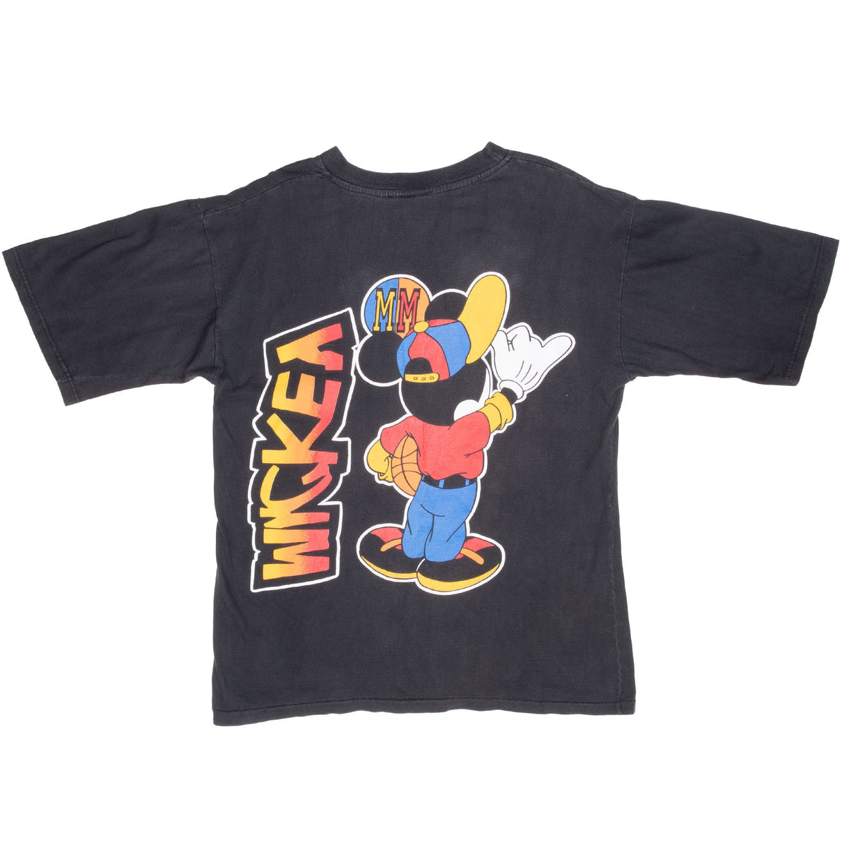 Back of black Disney T-shirt with rear-view Mickey basketball graphic and vertical lettering