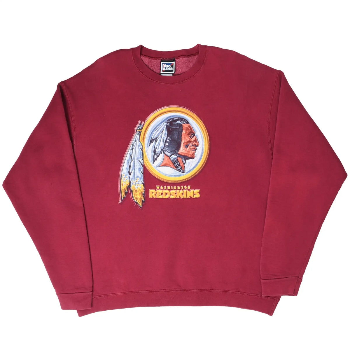 Full front of burgundy Washington Redskins crewneck sweatshirt with centered team graphic