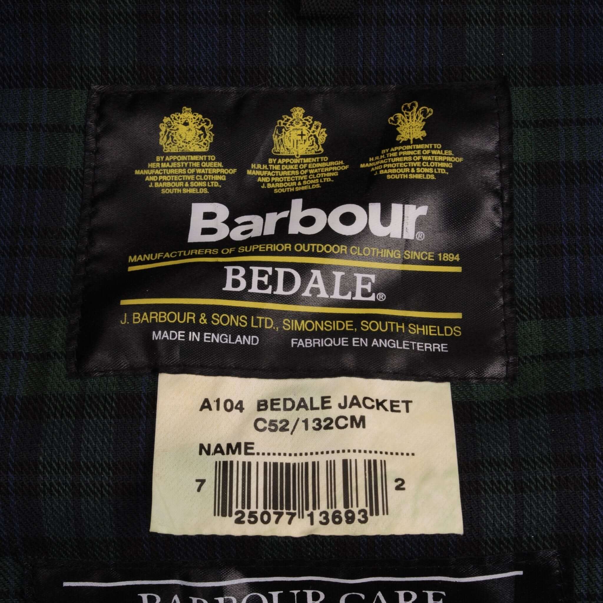 Vintage Barbour Classic Bedale Wax Jacket Size 52 Made In England