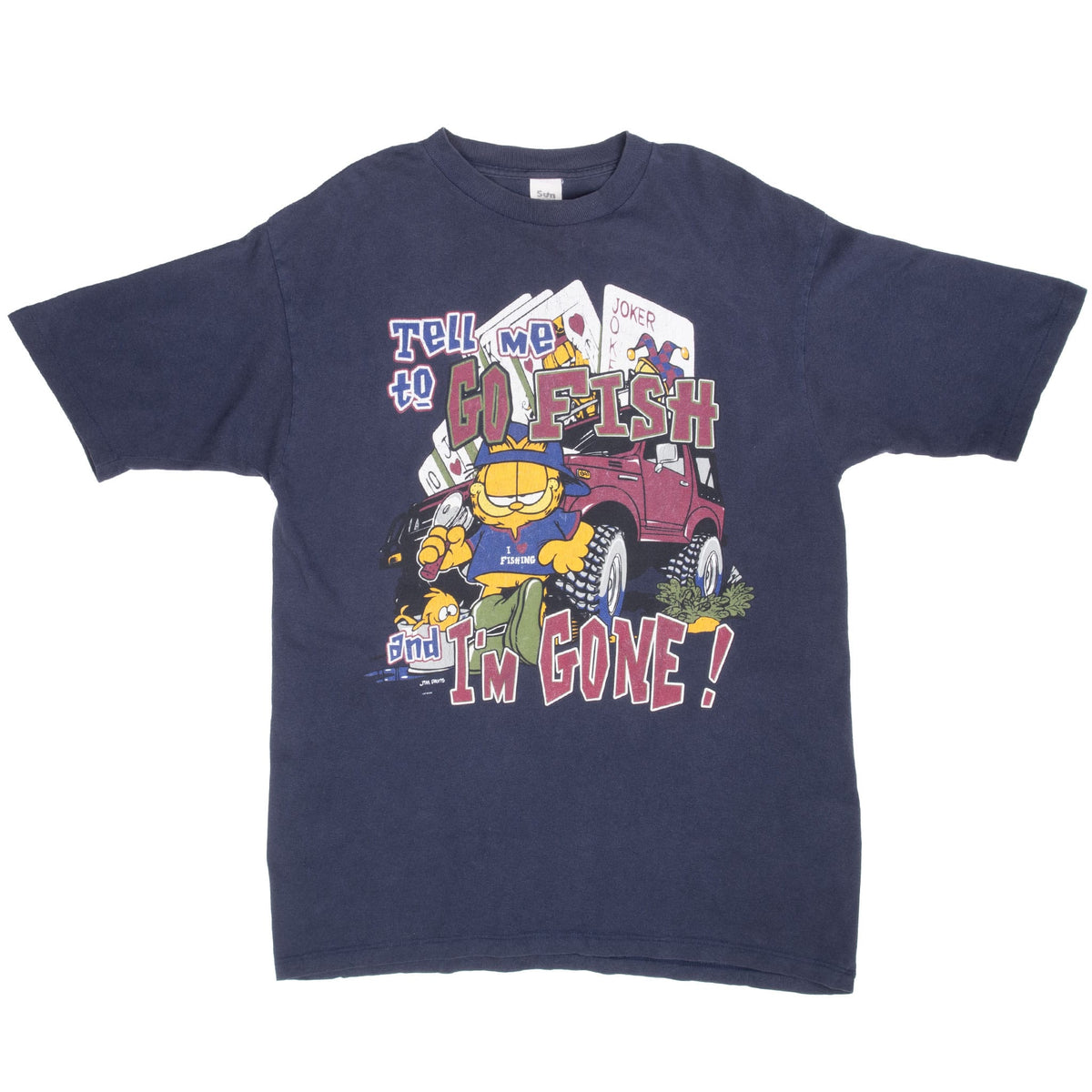 Full front of navy Garfield fishing graphic crewneck T-shirt