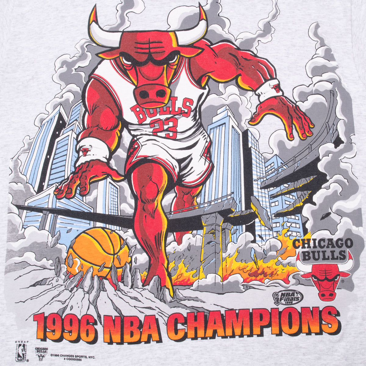 Close-up of Chicago Bulls mascot graphic and 1996 NBA Champions print