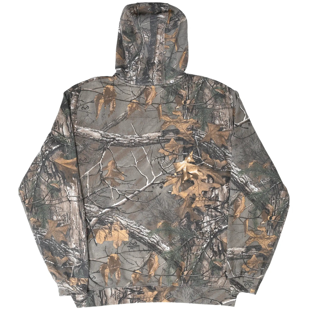 Back view of Carhartt Realtree Xtra camo hoodie with tree branch and leaf print