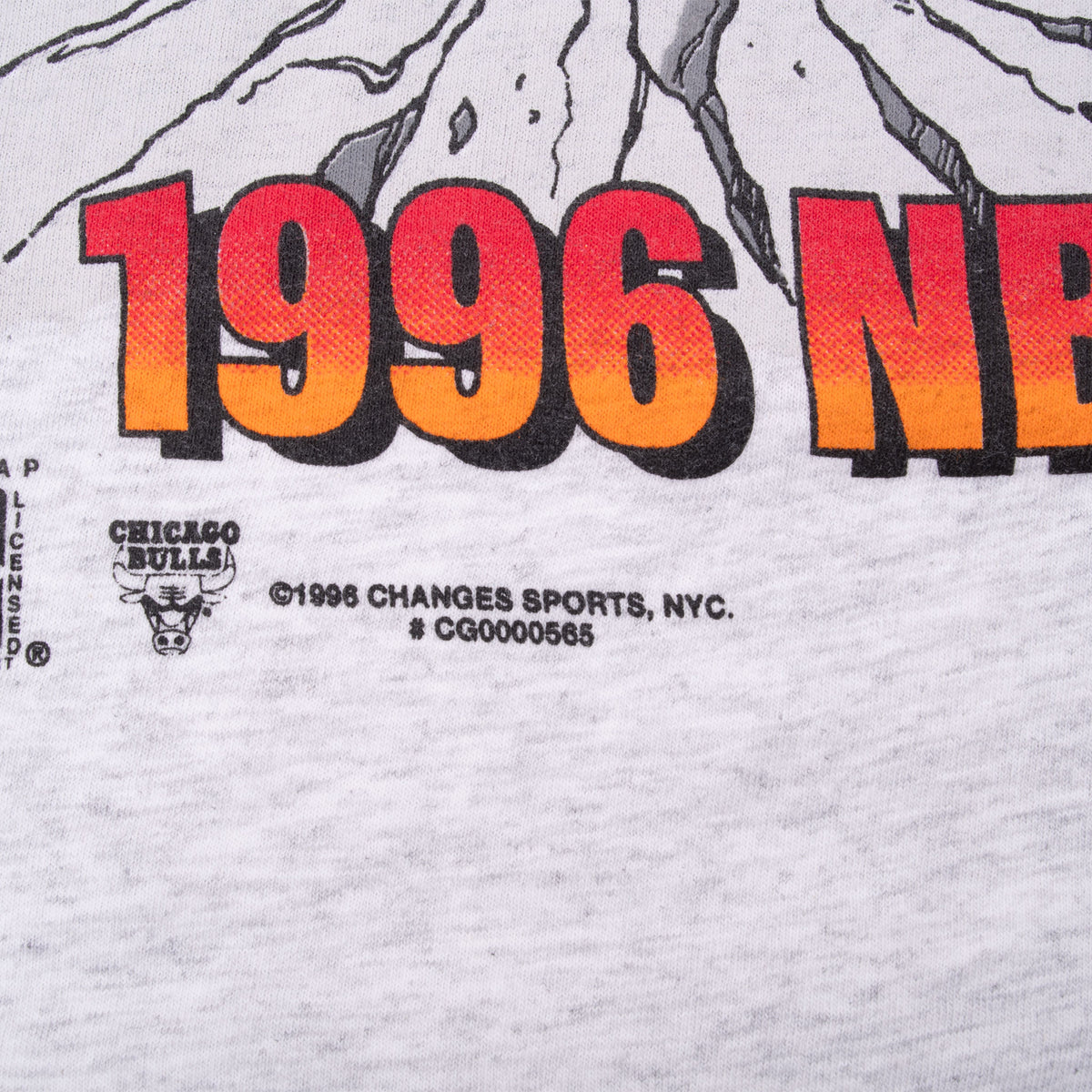 Close-up of 1996 print, Chicago Bulls logo, and Changes Sports copyright text