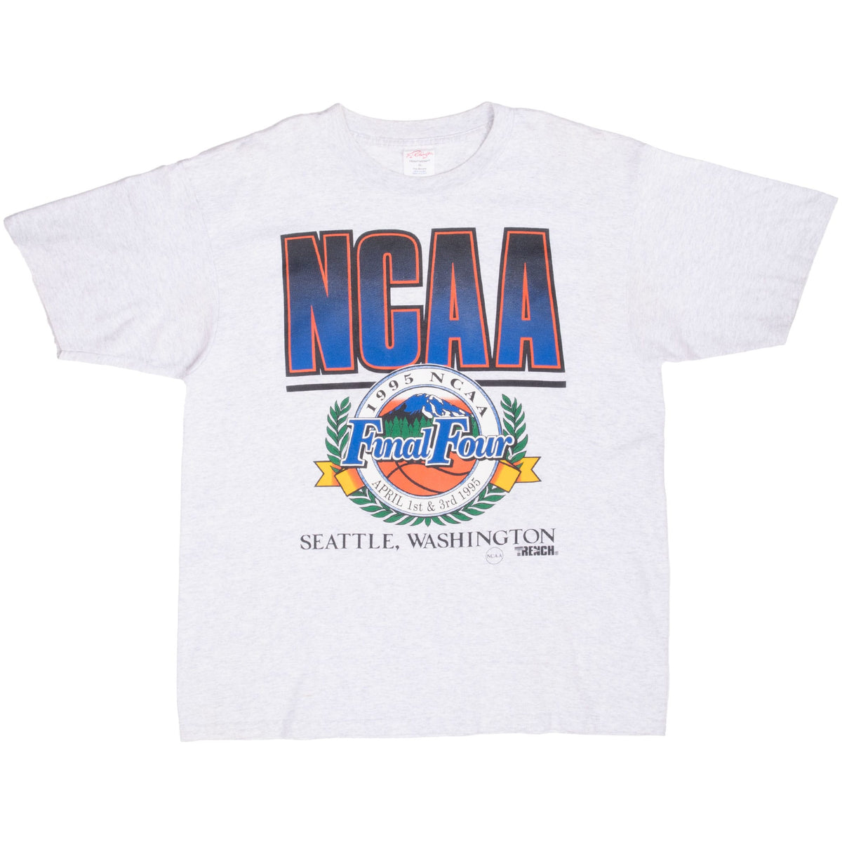 Full front view of gray NCAA 1995 Final Four Seattle graphic T-shirt