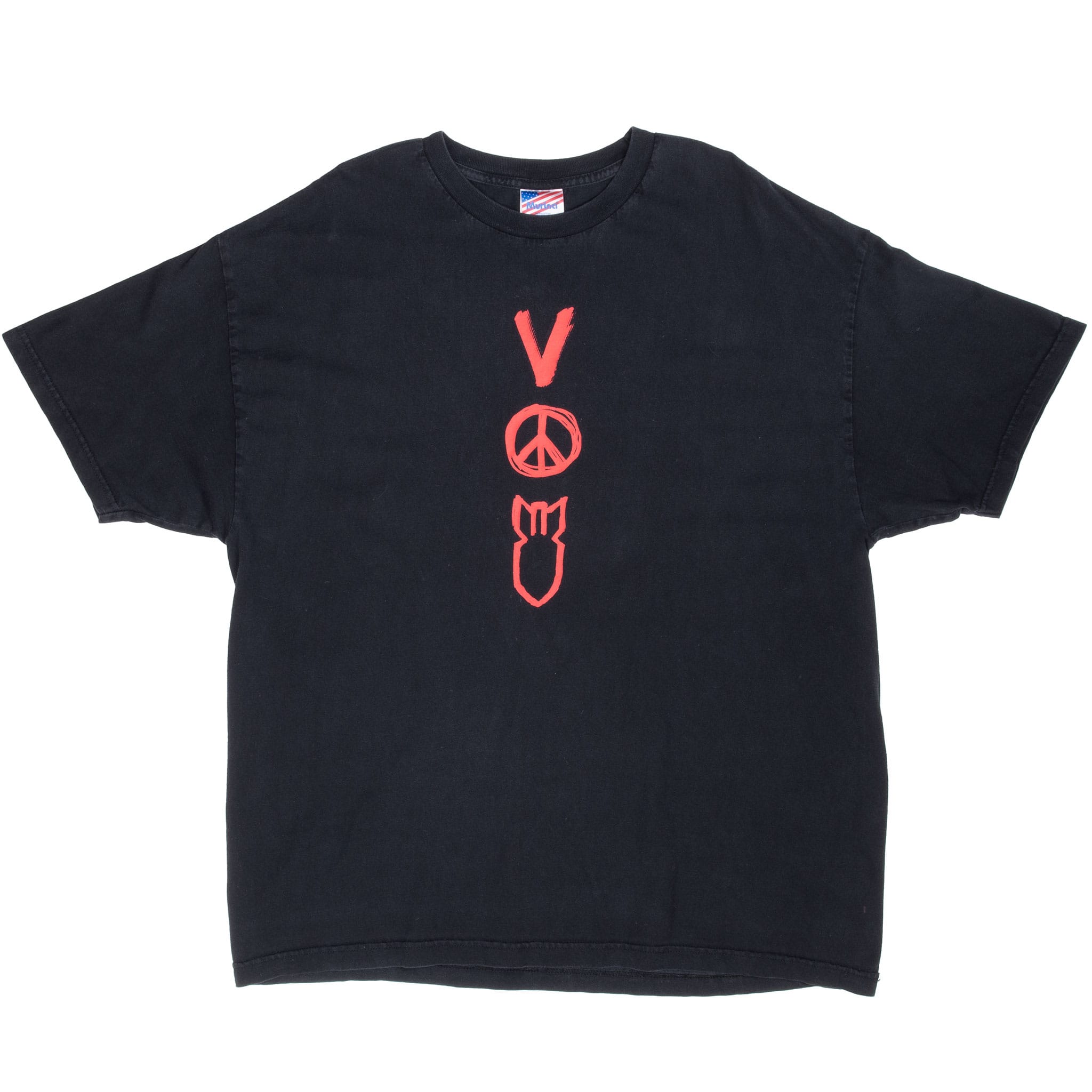 Full front view of black U2 Vertigo Tour T-shirt with red V, peace symbol and bomb graphic