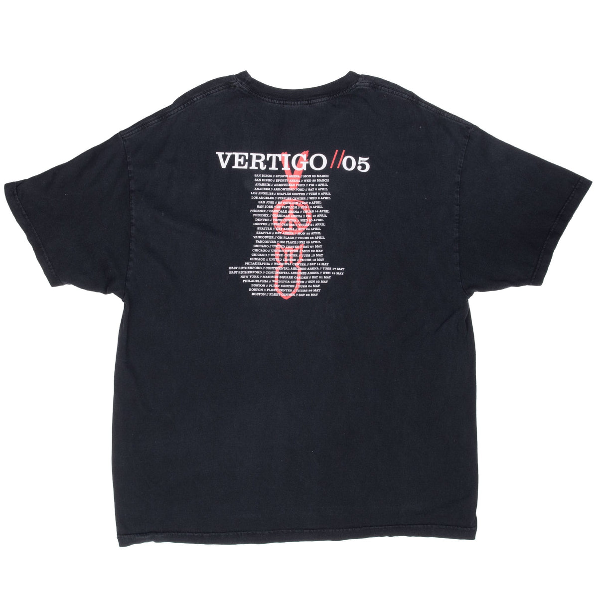 Back of black U2 Vertigo Tour T-shirt with VERTIGO // 05 and North American tour dates