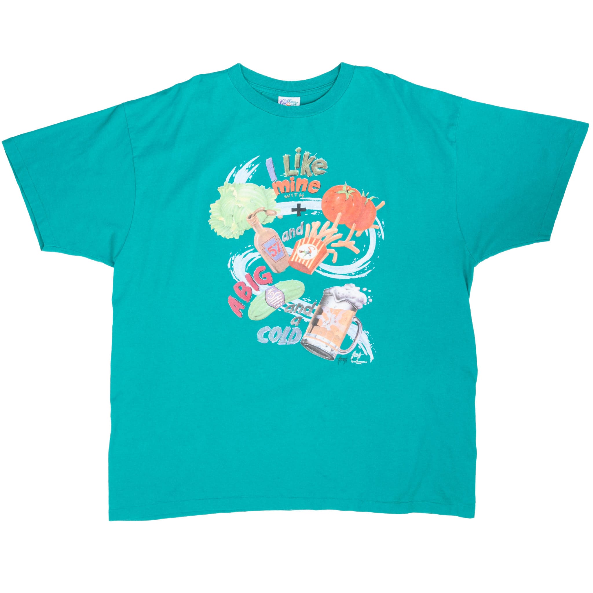 Full front view of teal Jimmy Buffett crewneck T-shirt with colorful lyric graphic