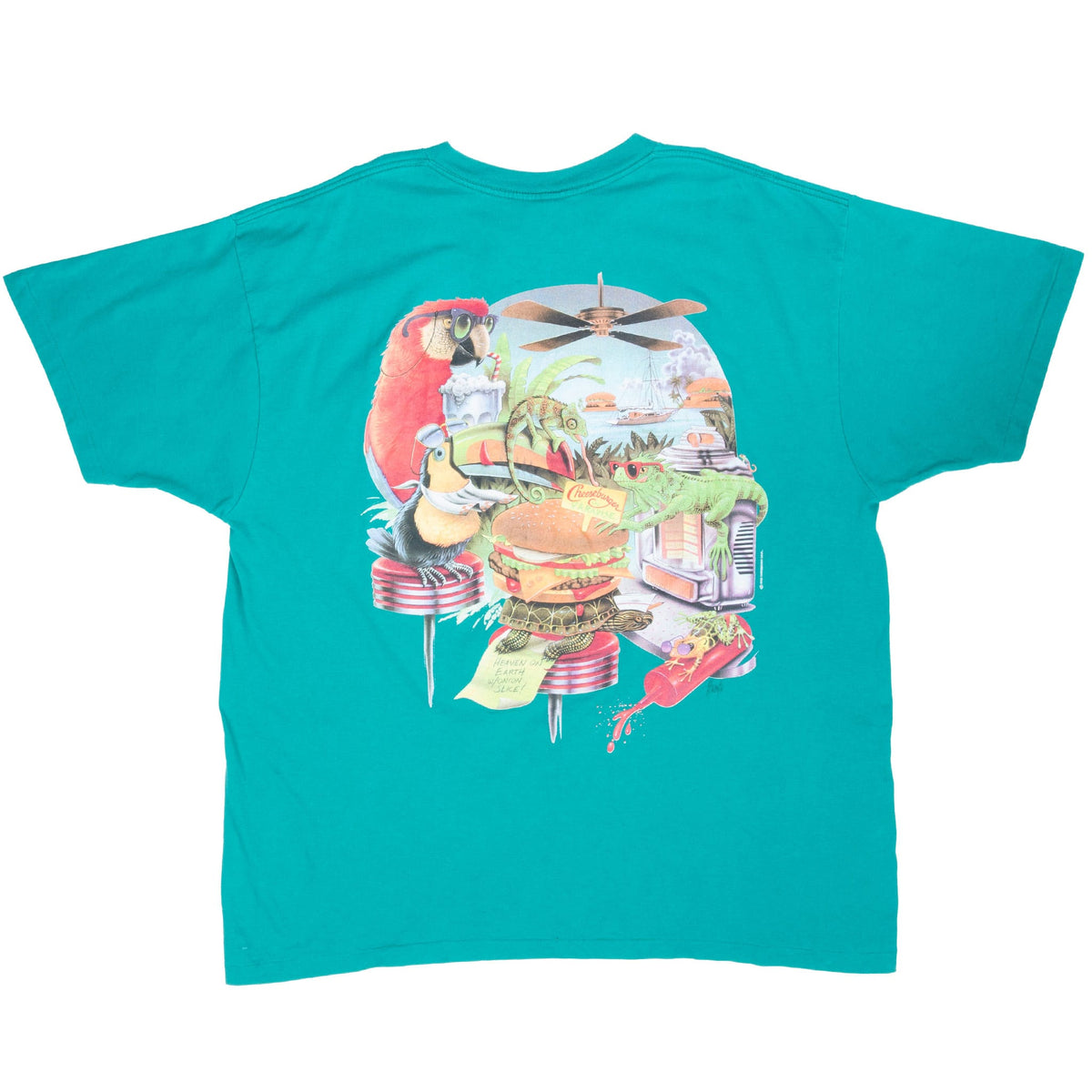 Back of teal Jimmy Buffett T-shirt with tropical Cheeseburger in Paradise diner graphic