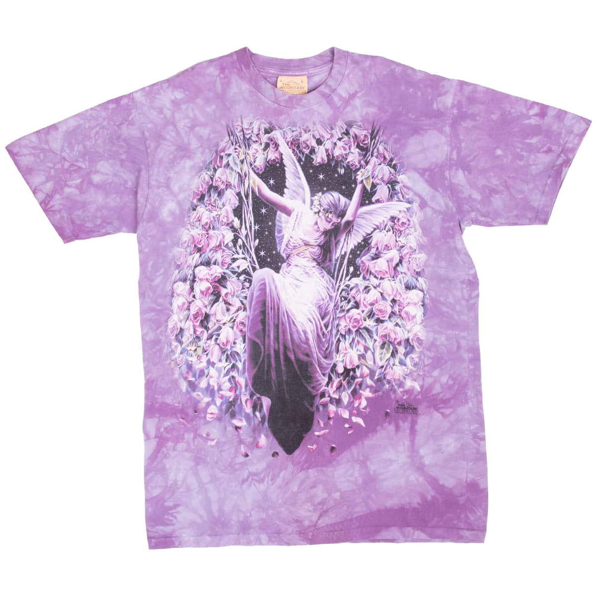 Full front view of purple tie-dye The Mountain T-shirt with fairy angel graphic