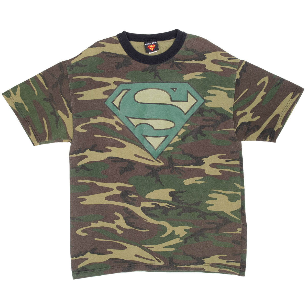 Front of Superman T-shirt with woodland camo print and large teal and tan shield