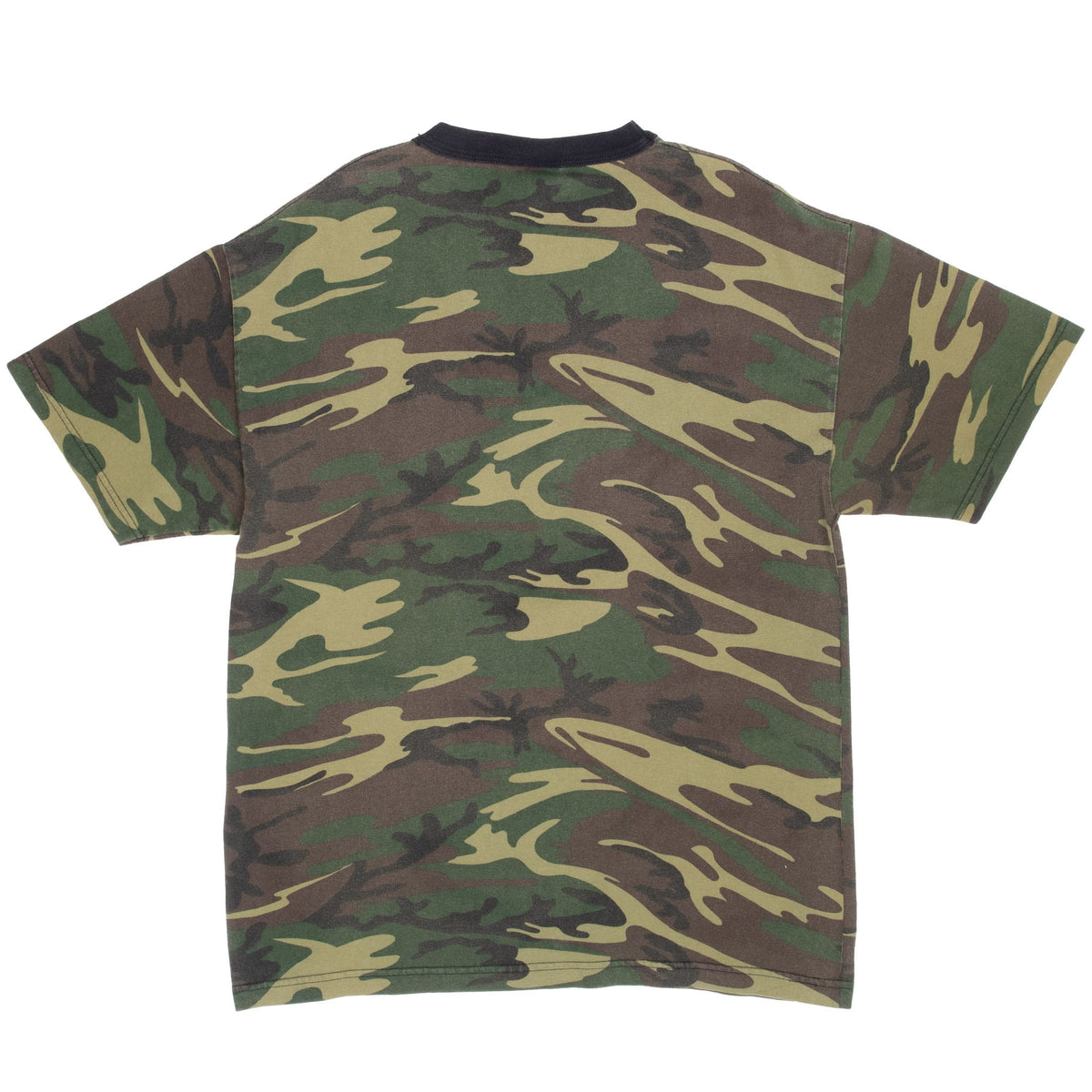 Back of Superman T-shirt with green, brown, tan and black camouflage print