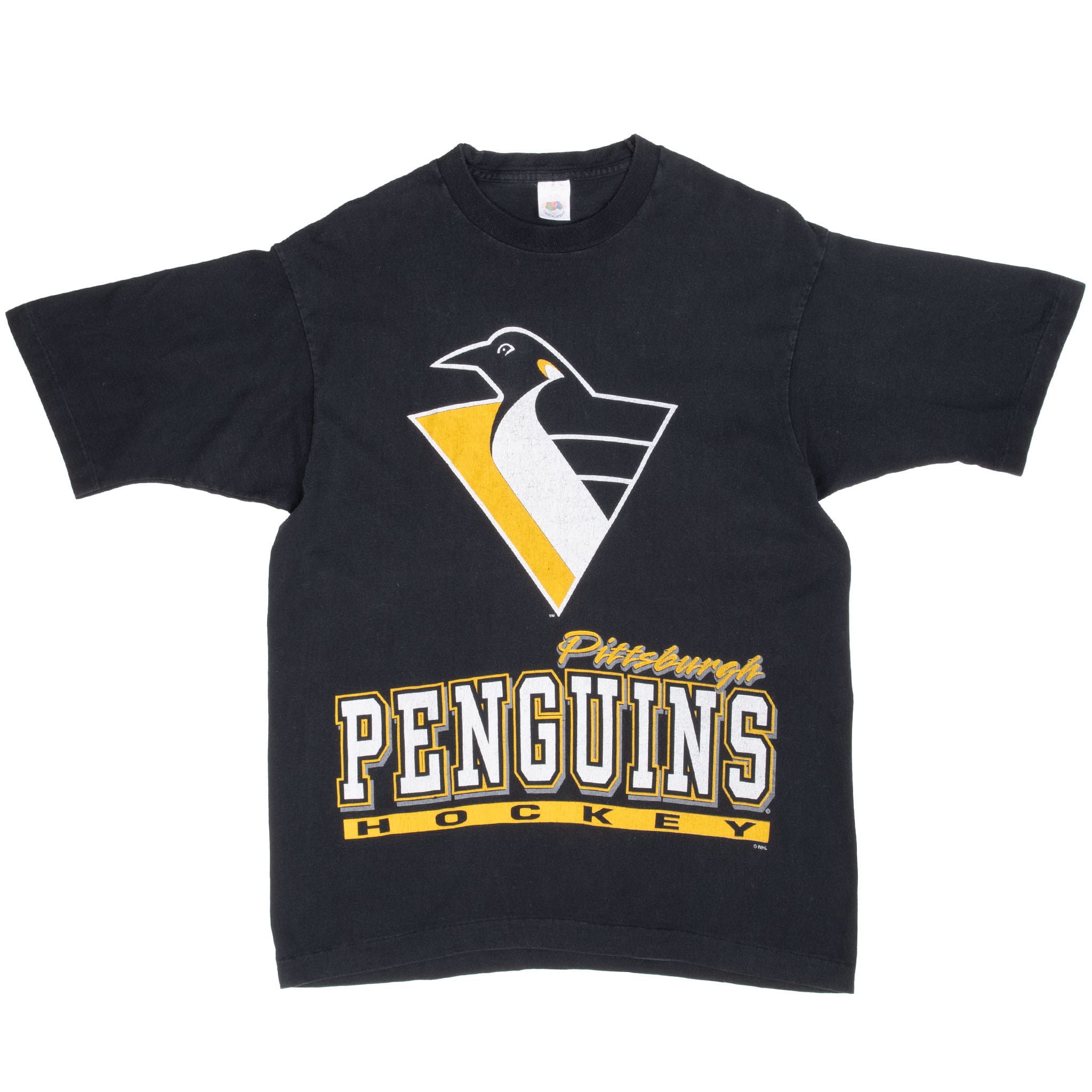 Full front of black Pittsburgh Penguins T-shirt with white, yellow and gray graphic