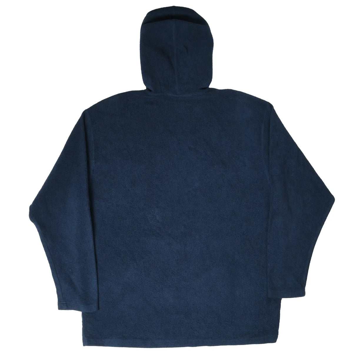 Back of navy blue Nike fleece hoodie with plain fleece body and raised hood