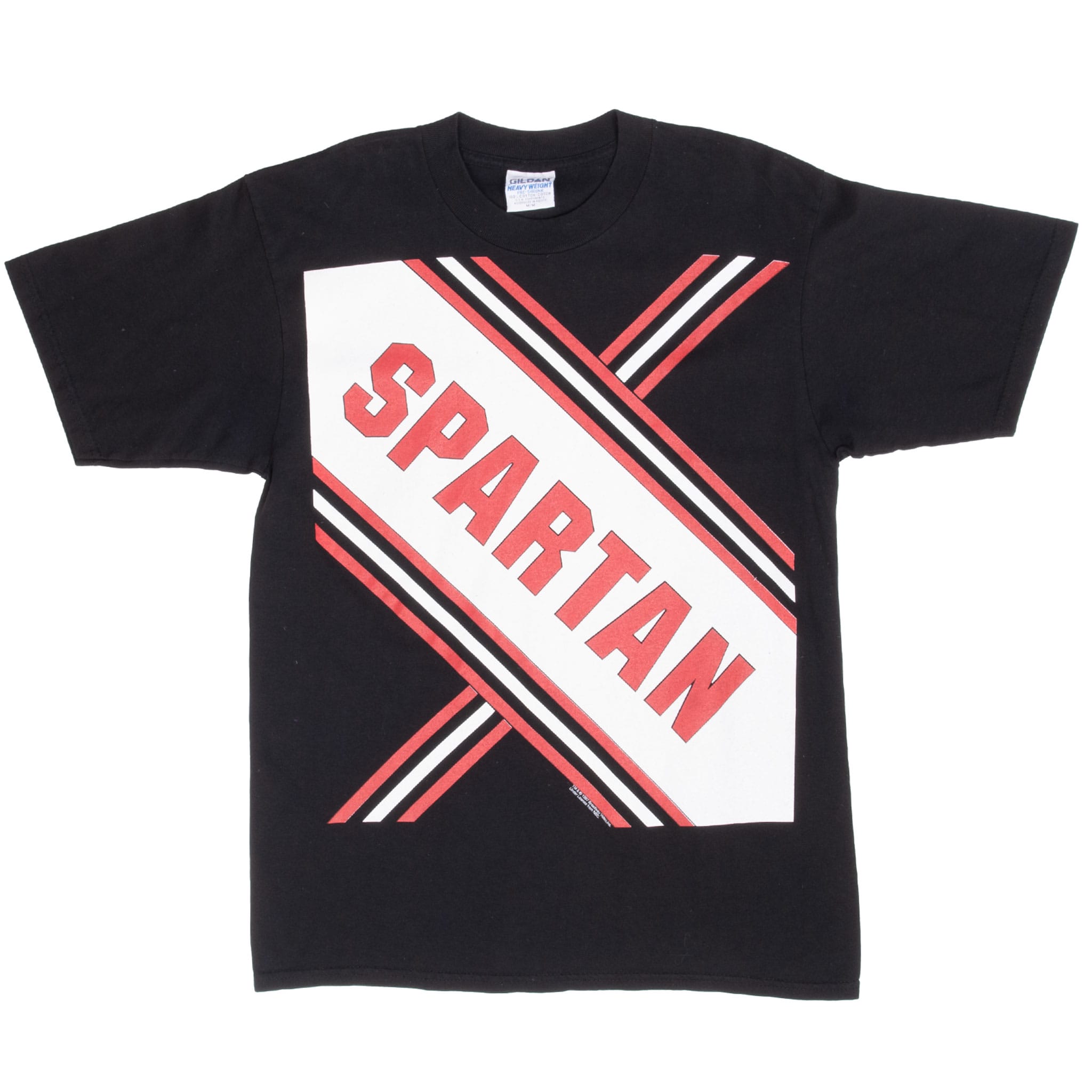Full front of black Saturday Night Live T-shirt with red and white diagonal Spartan graphic