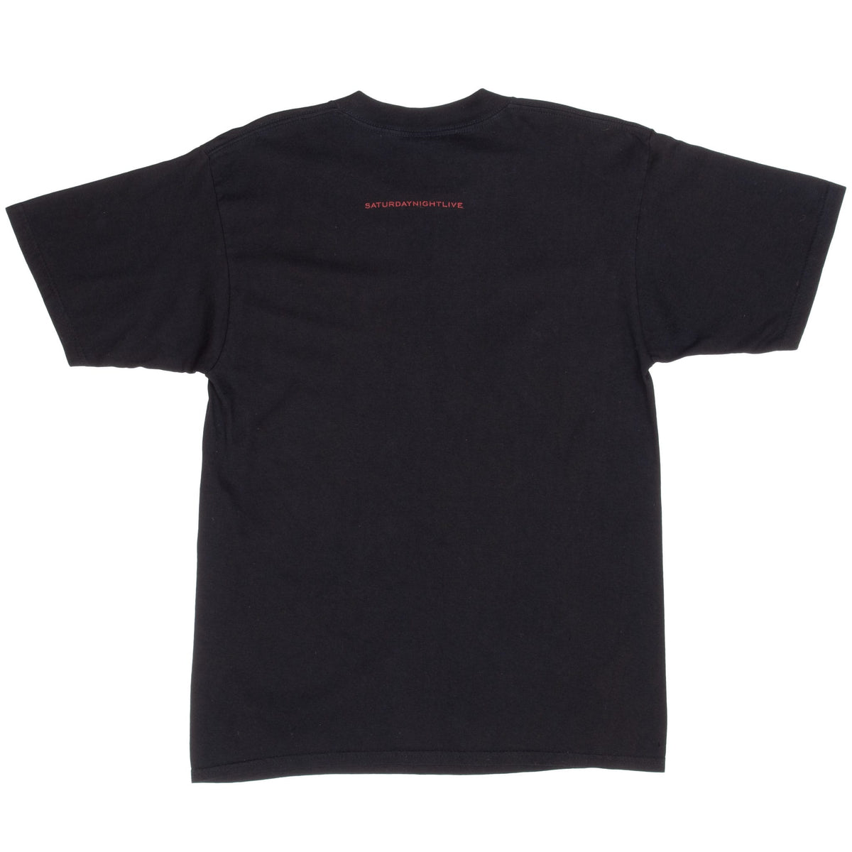 Back of black Saturday Night Live T-shirt with small red print below the crew neck
