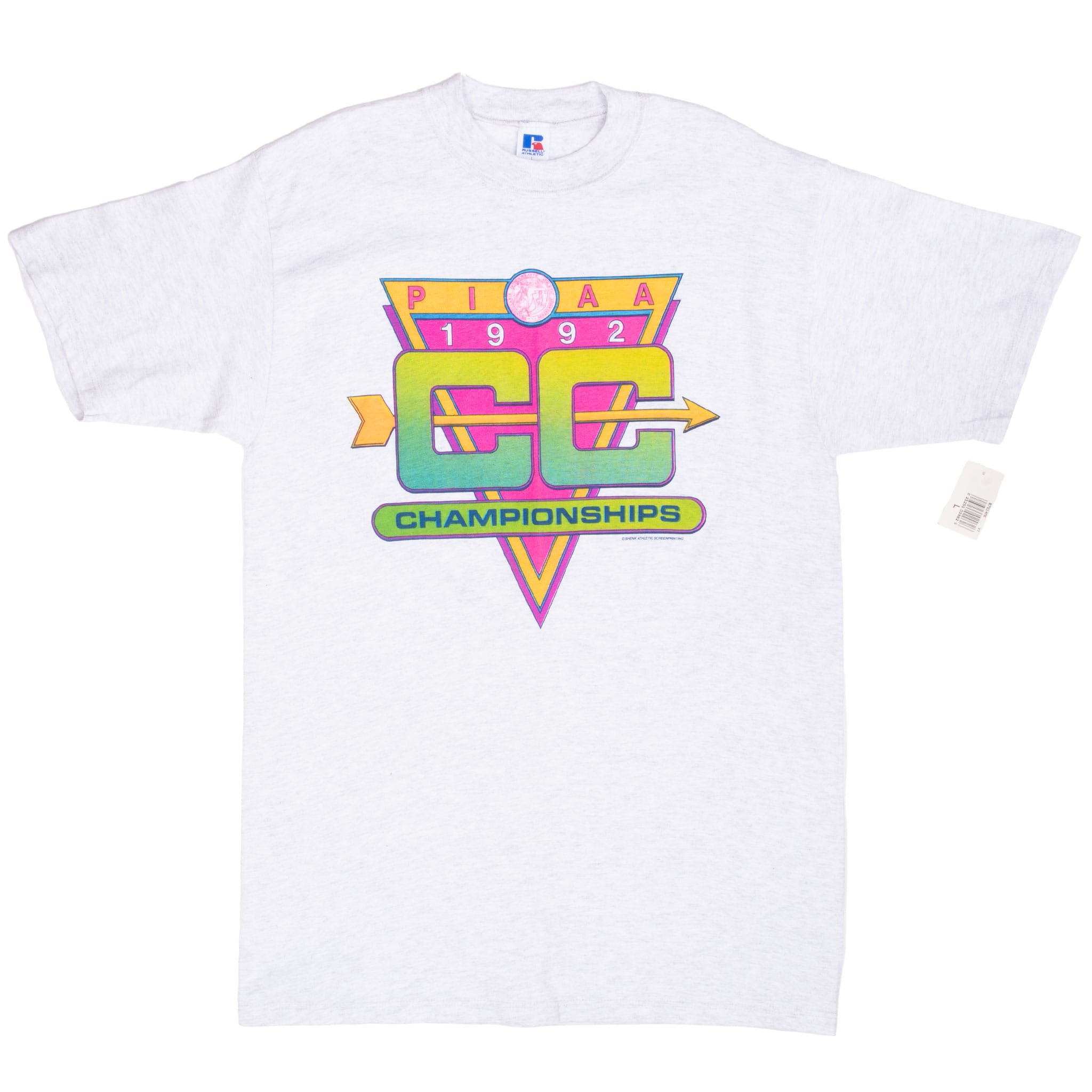 Full front view of gray PIAA 1992 Cross Country Championships T-shirt with hang tag
