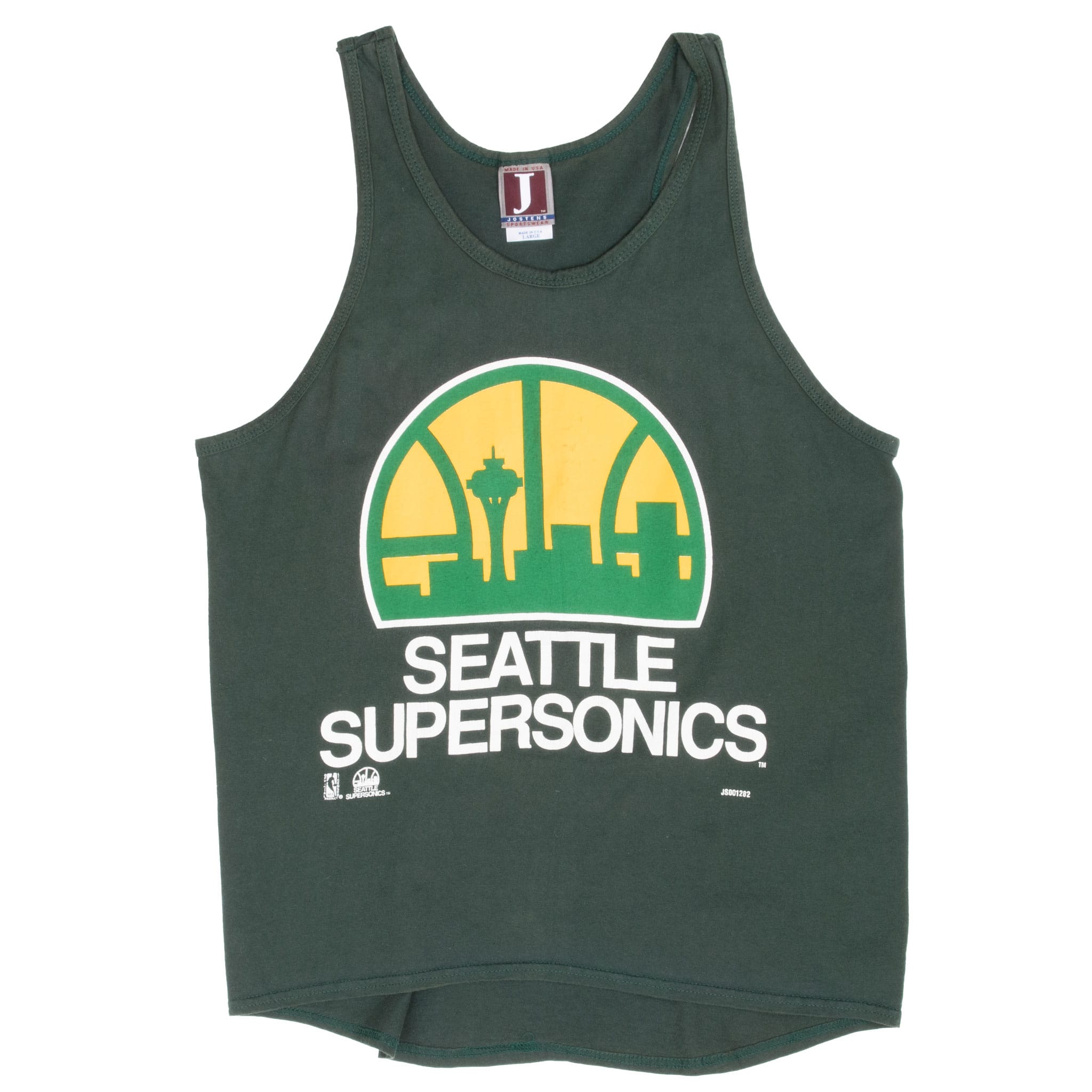 Full front of dark green Seattle SuperSonics tank top with yellow and green skyline graphic