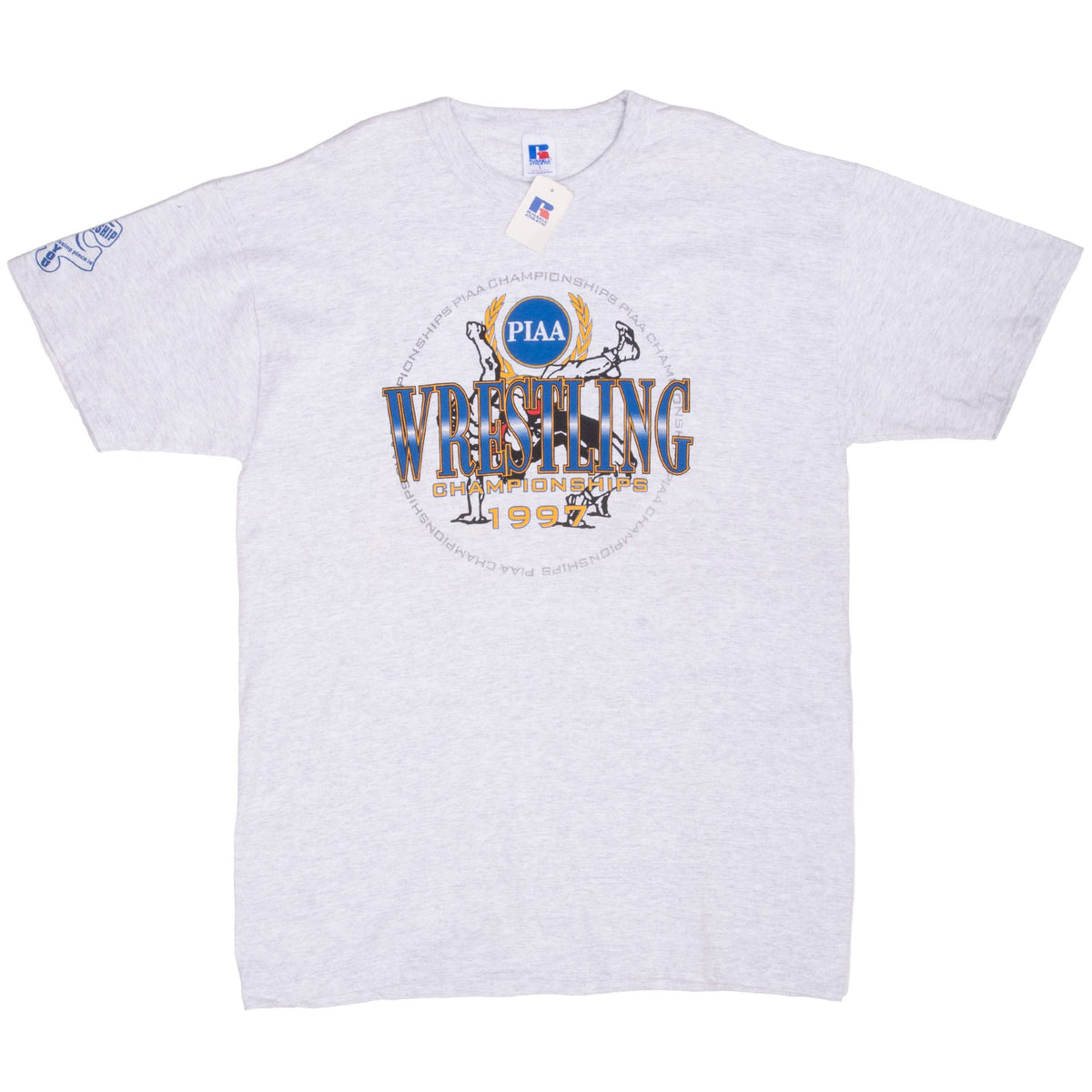 Full front view of gray PIAA Wrestling Championships 1997 T-shirt with sleeve print
