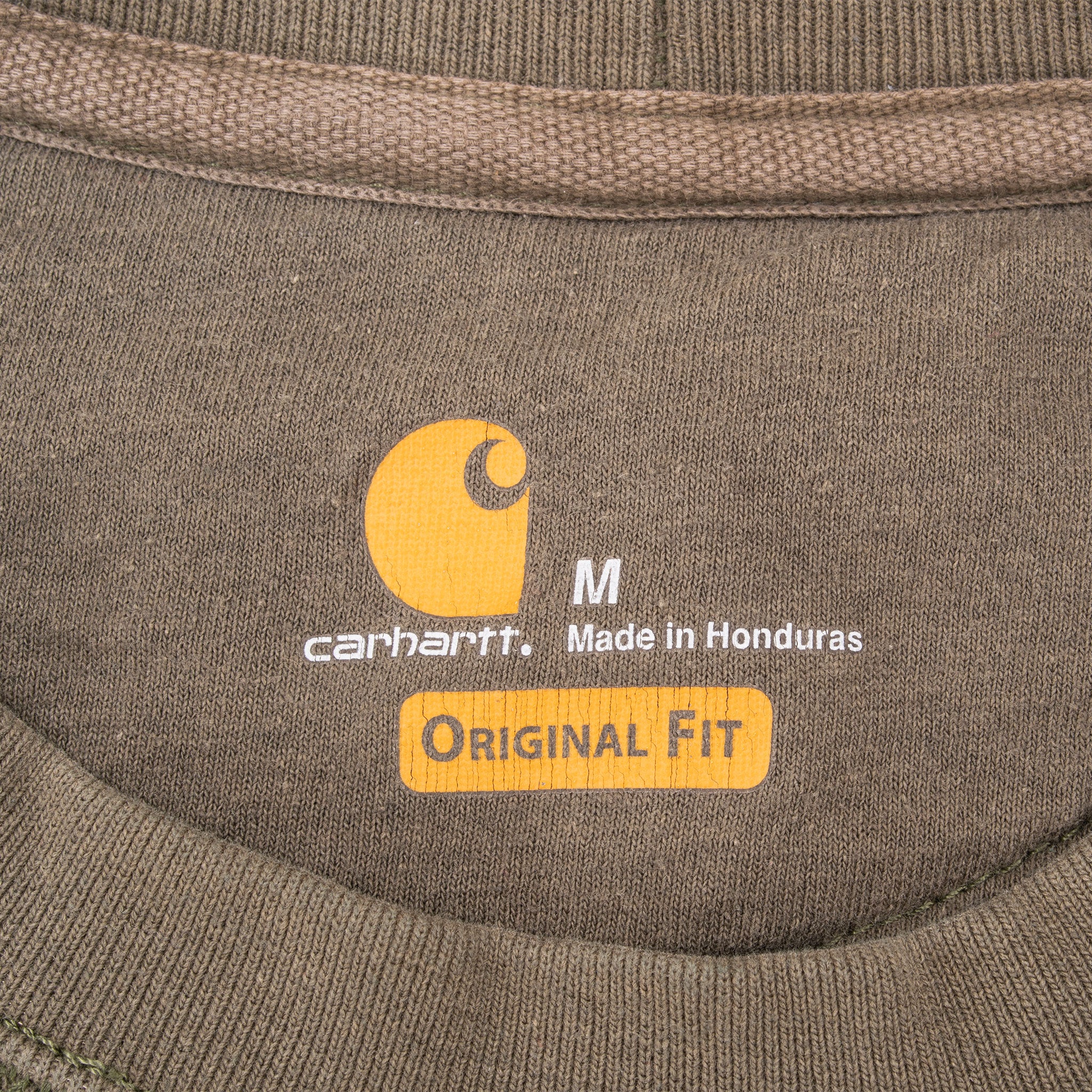 Carhartt neck print showing medium size and Original Fit