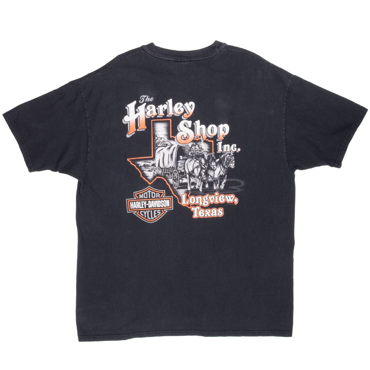 Back of black Harley-Davidson T-shirt with The Harley Shop Longview, Texas wagon graphic