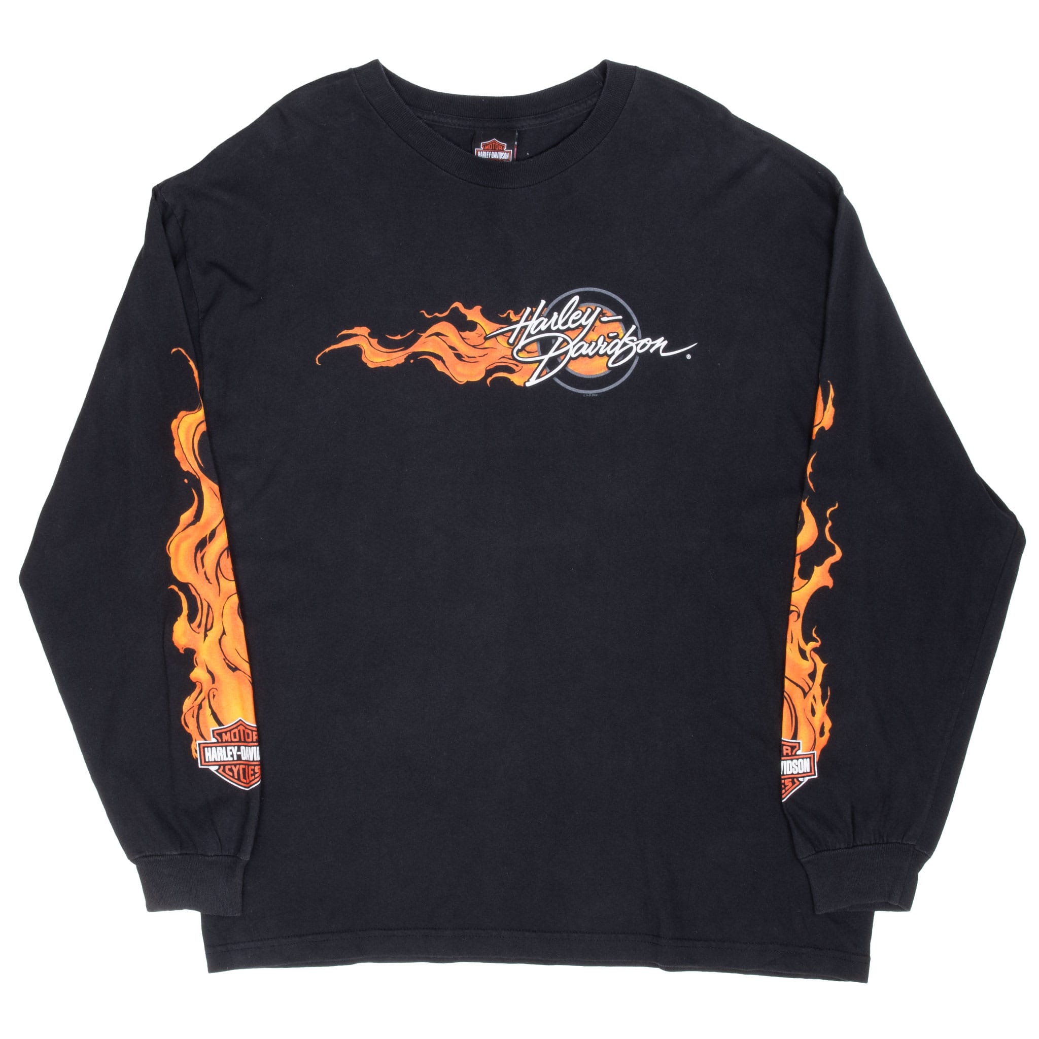 Full front view of black Harley-Davidson long-sleeve T-shirt with orange flame graphics