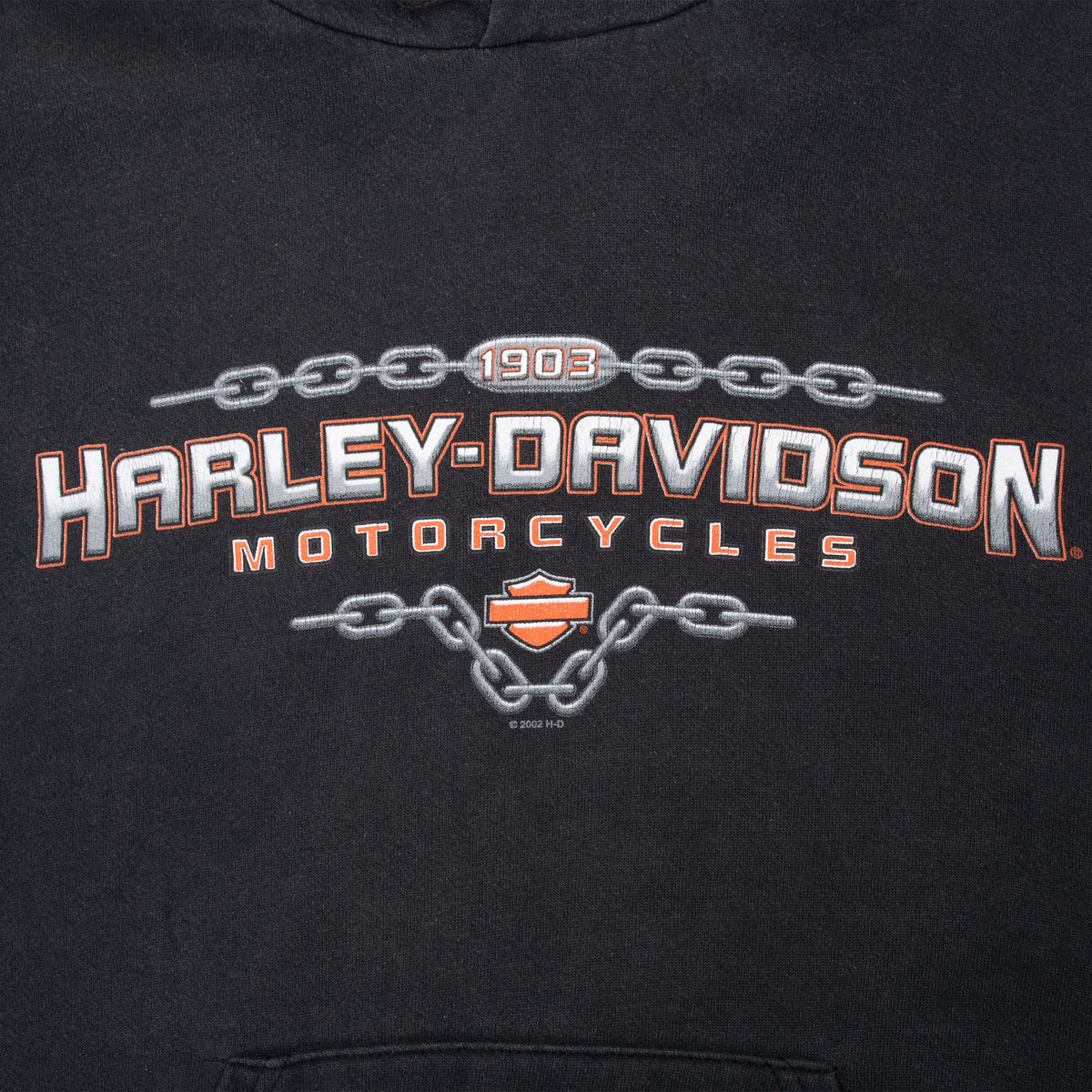 Harley-Davidson Motorcycles chest graphic with chains and orange shield on black hoodie