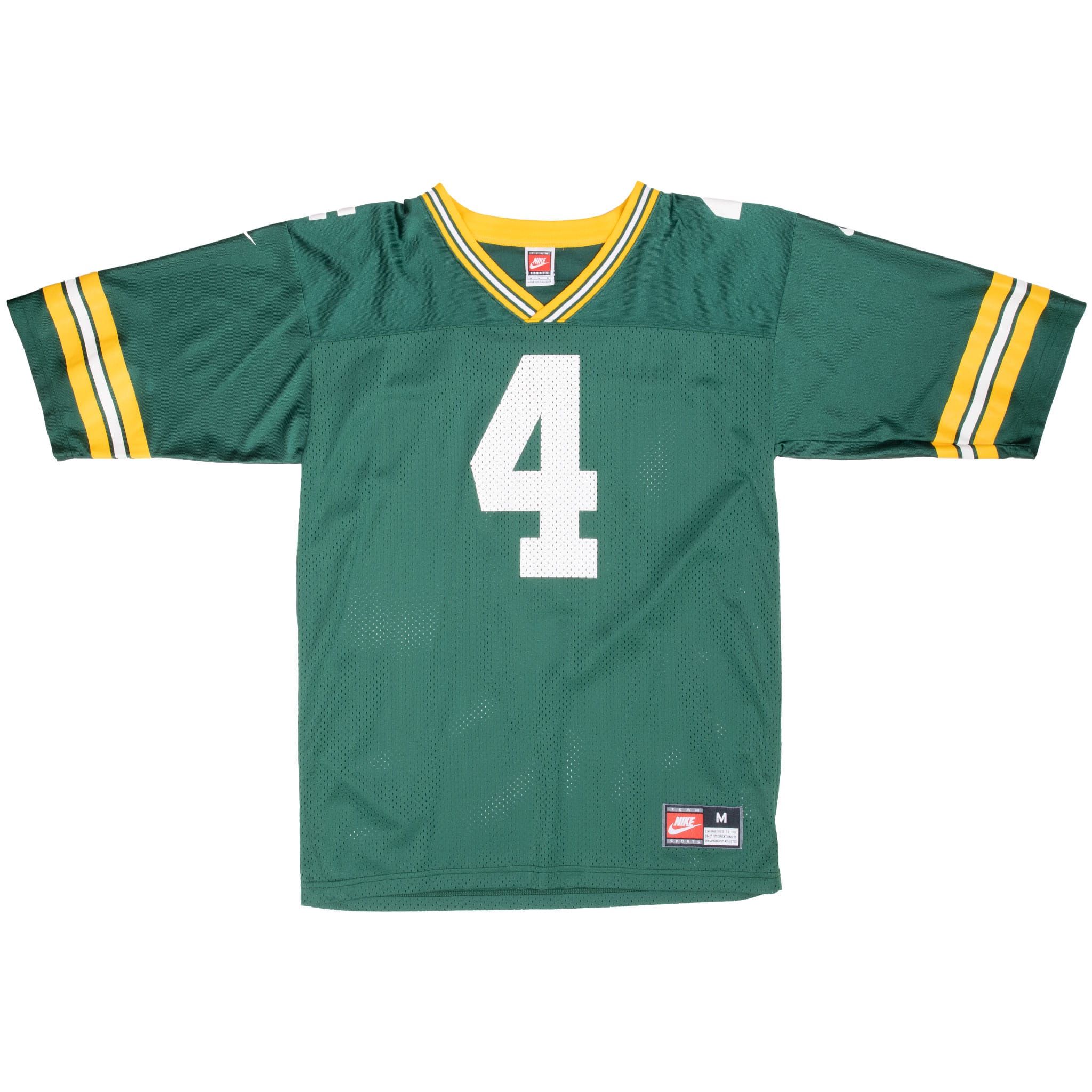 Front of green Nike Green Bay Packers Brett Favre #4 jersey with striped sleeves