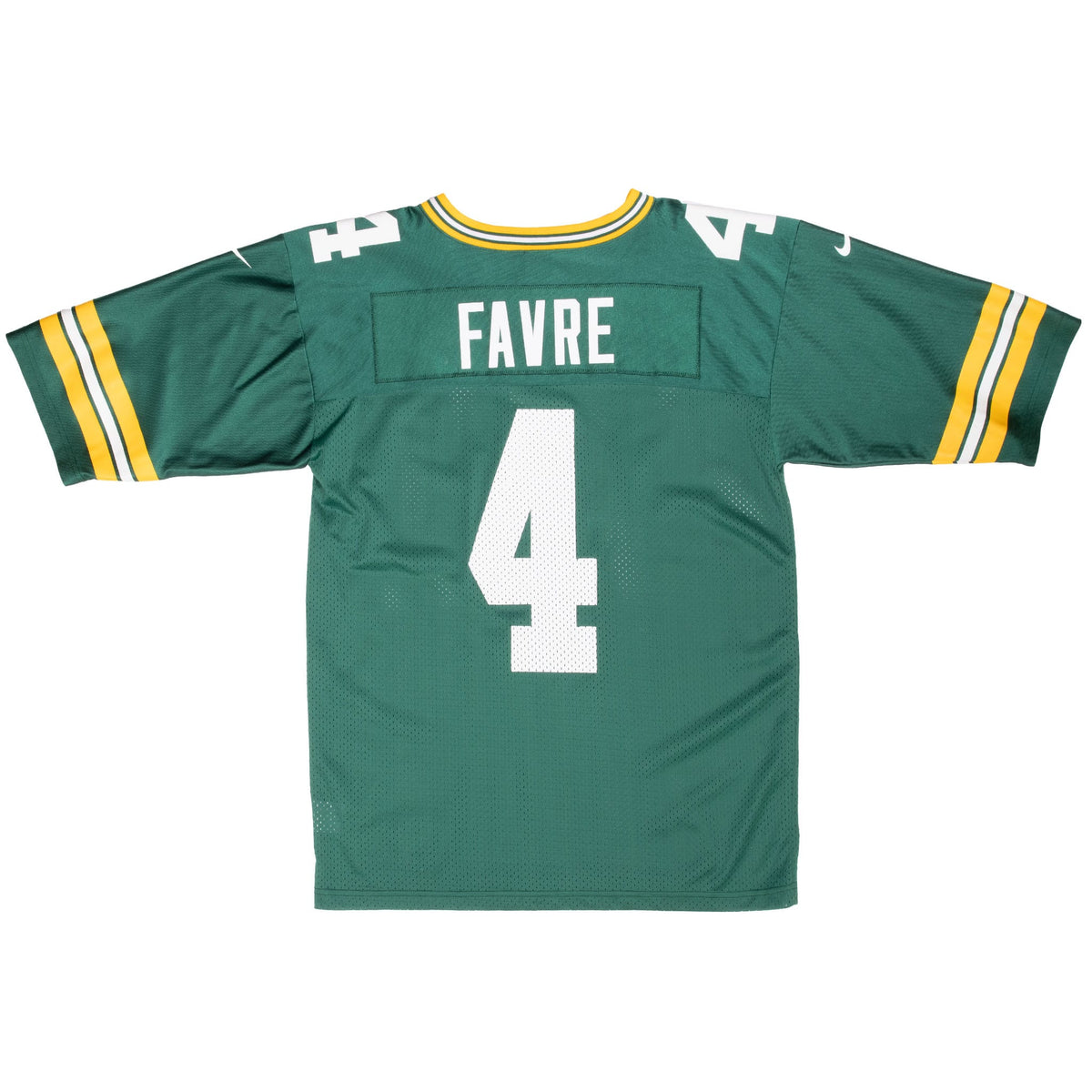 Back of green Nike Packers jersey with Favre nameplate and white #4