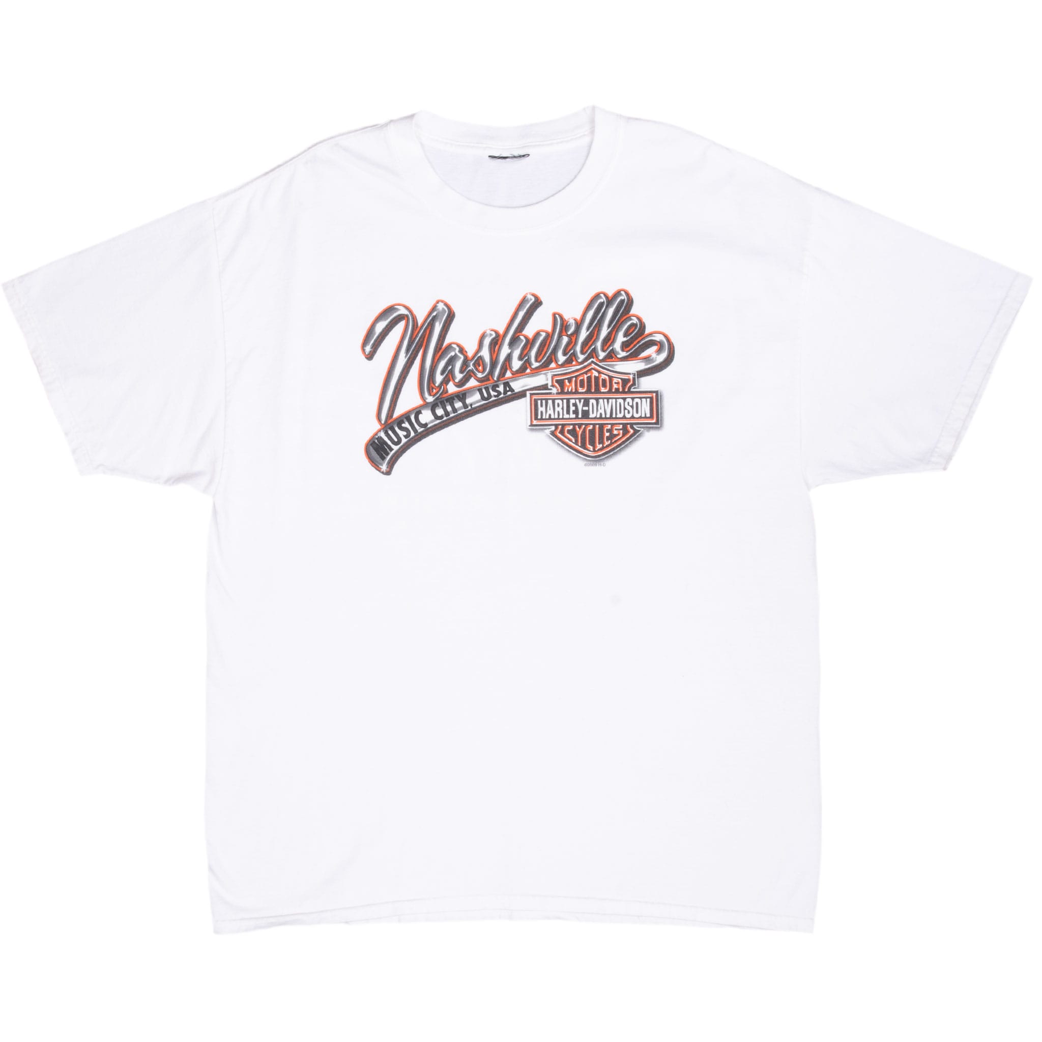 Full front of white Harley-Davidson T-shirt with Nashville Music City USA chest graphic