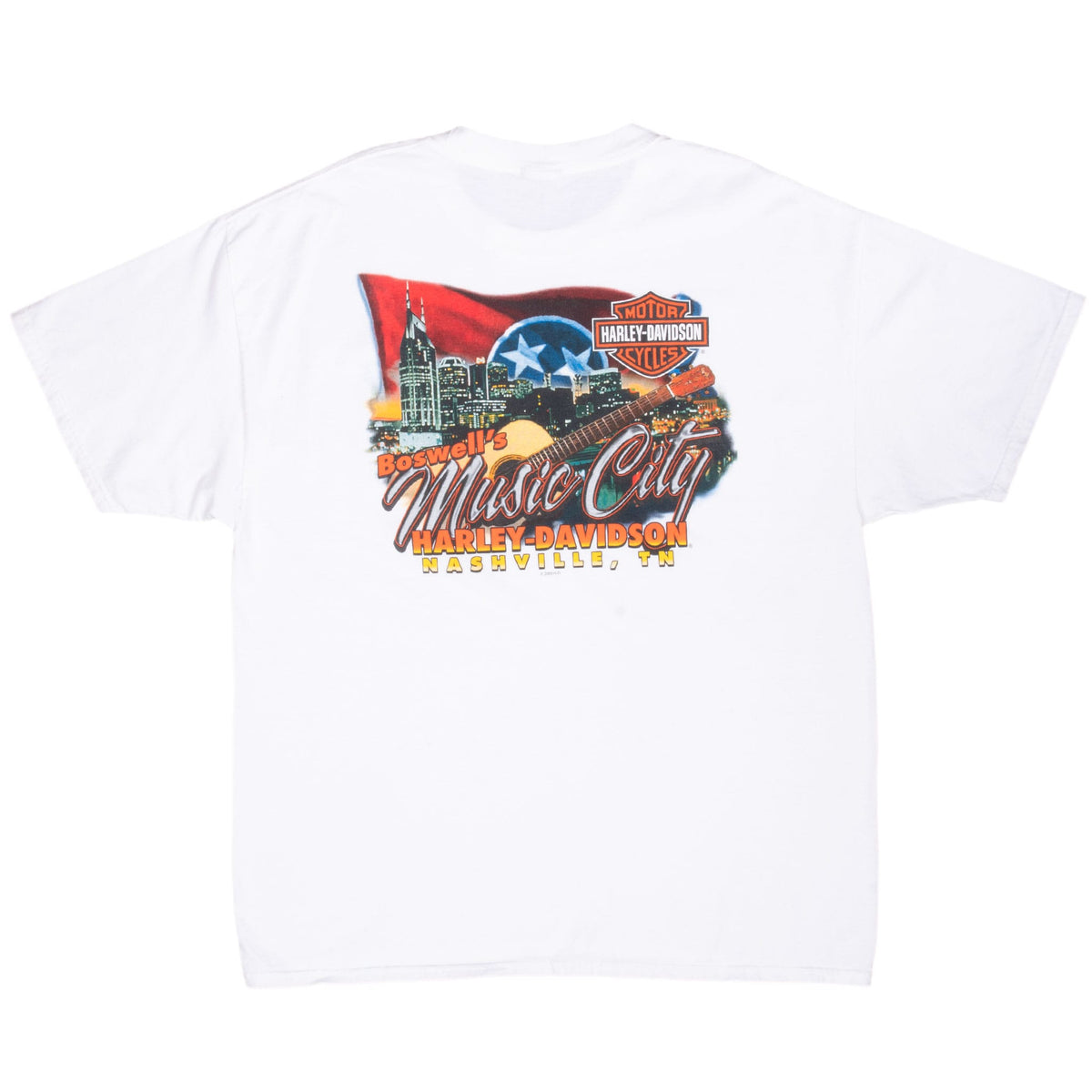 Full back of white Harley-Davidson T-shirt with colorful Boswell's Music City Nashville graphic