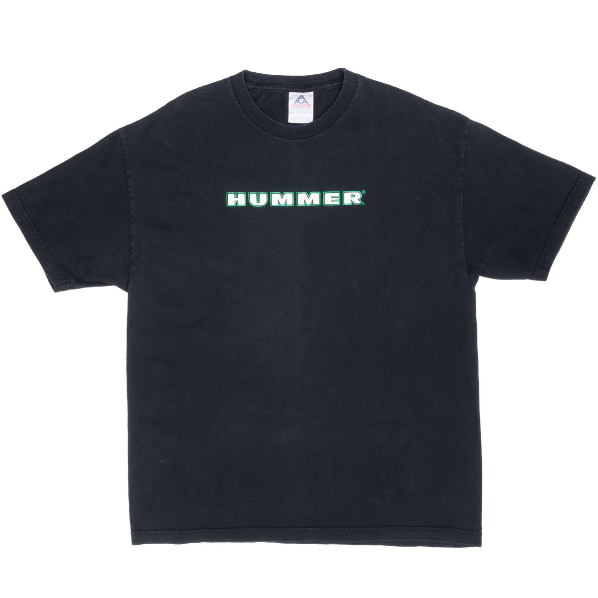 Full front of black crewneck T-shirt with white Hummer logo outlined in green