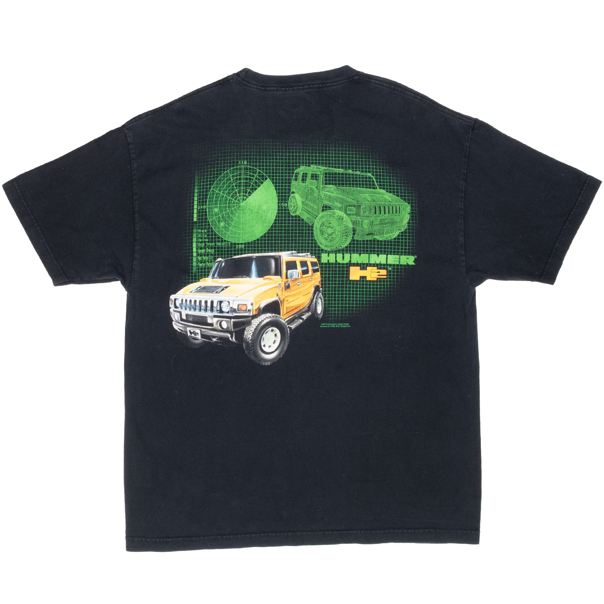 Back of black Hummer H2 T-shirt with orange SUV and green wireframe graphic