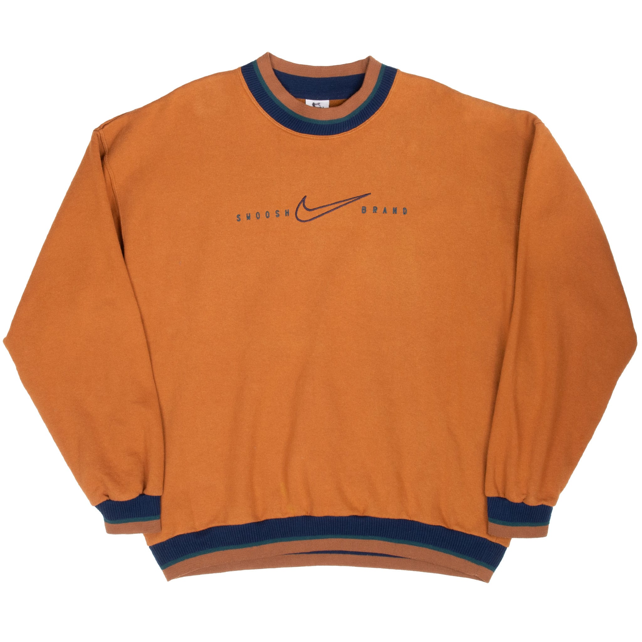 Full front of brown Nike sweatshirt with navy and green striped ribbed trim