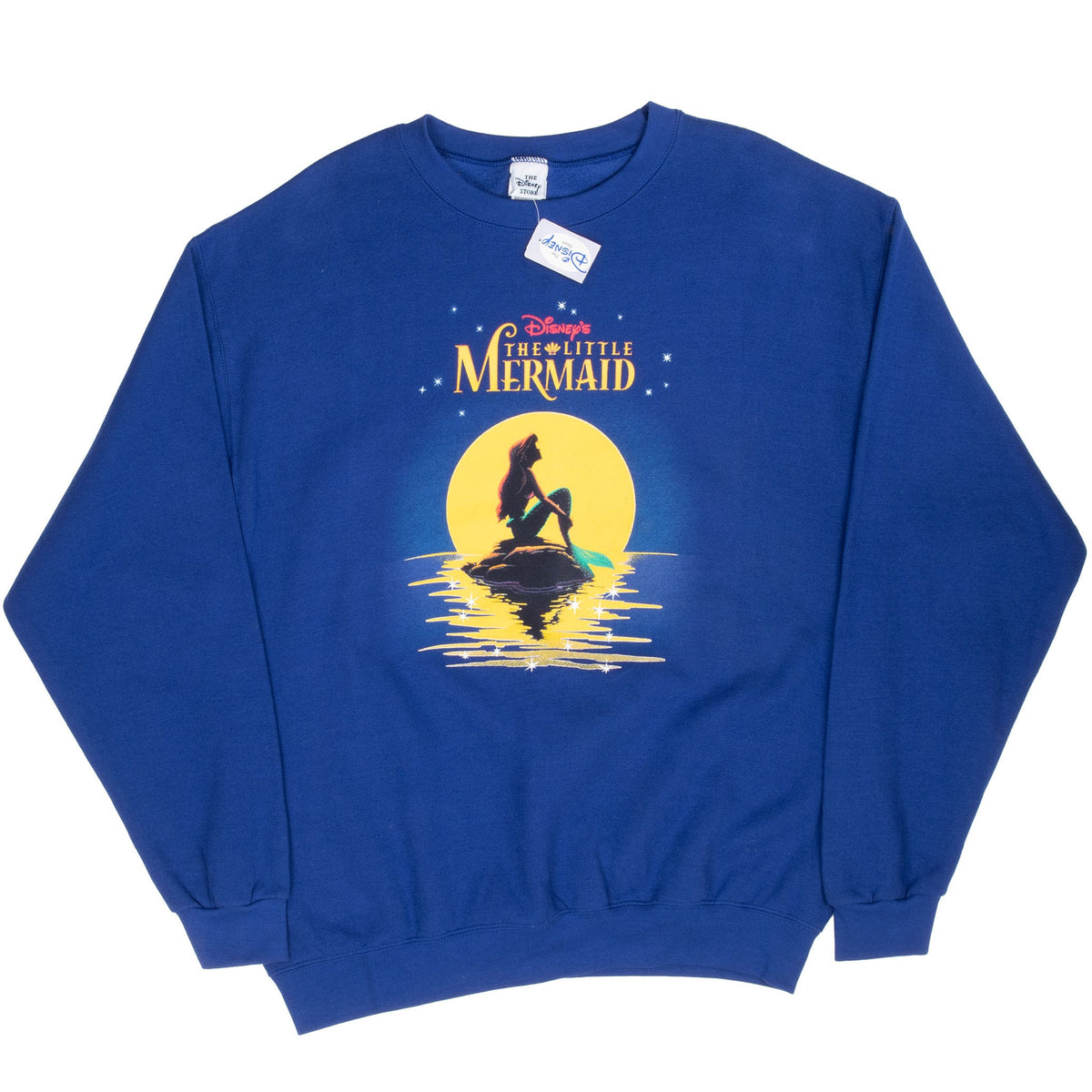 Full front view of blue Disney The Little Mermaid crewneck sweatshirt